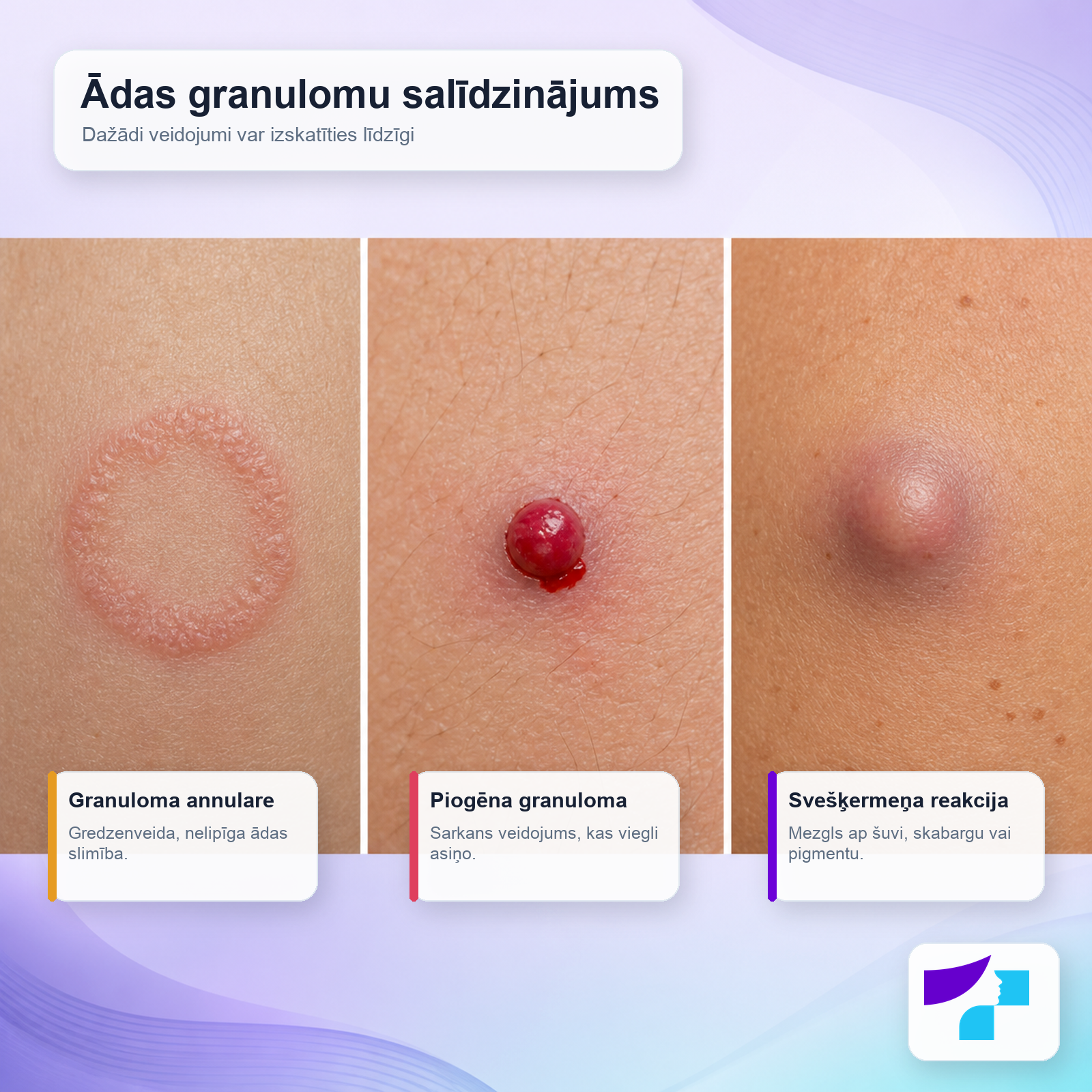 Ādas granulomu salīdzinājums Ādas granulomu salīdzinājums: granuloma annulare, piogēna granuloma un svešķermeņa reakcija