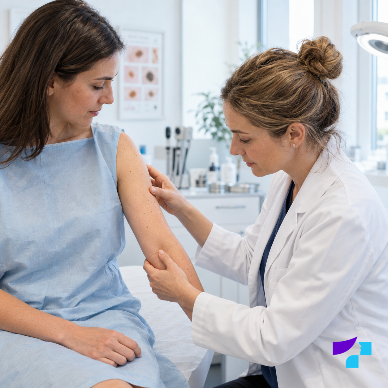 A dermatologist examines the skin and skin lesions on a patient's arm during a clinical assessment