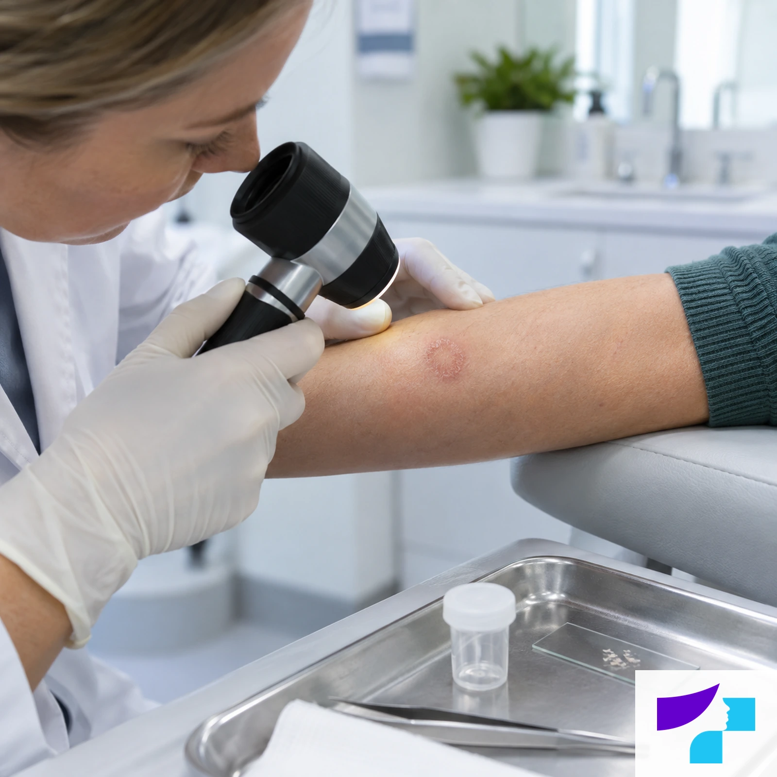 Ādas sēnītes diagnostika dermatologa konsultācijā Ilustratīva dermatologa konsultācija: ādas plankuma apskate ar dermatoskopu un materiāla paņemšanai paredzēti piederumi