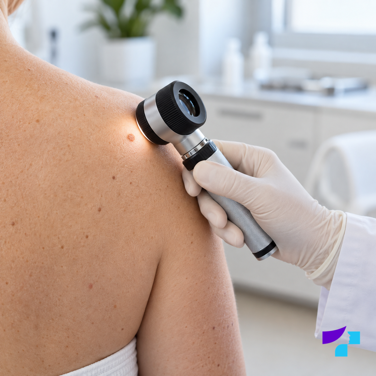 A dermatologist examines a skin lesion on a patient's shoulder under magnification with a handheld dermatoscope