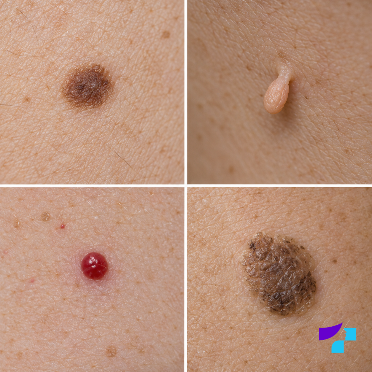 Dzimumzīmes, mīkstās fibromas, ķiršu angiomas un seborejiskās keratozes piemēri