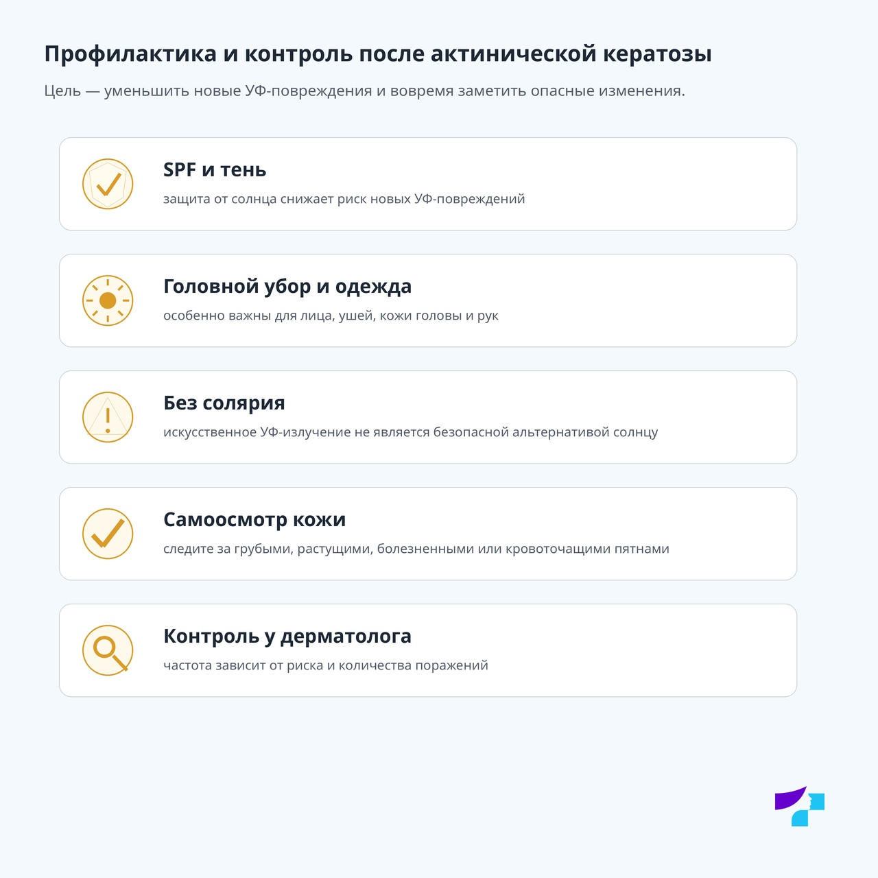 Профилактика и контроль после актинической кератозы Профилактика и контроль после актинической кератозы: SPF и тень, головной убор и одежда, без солярия, самоосмотр кожи и контроль у дерматолога
