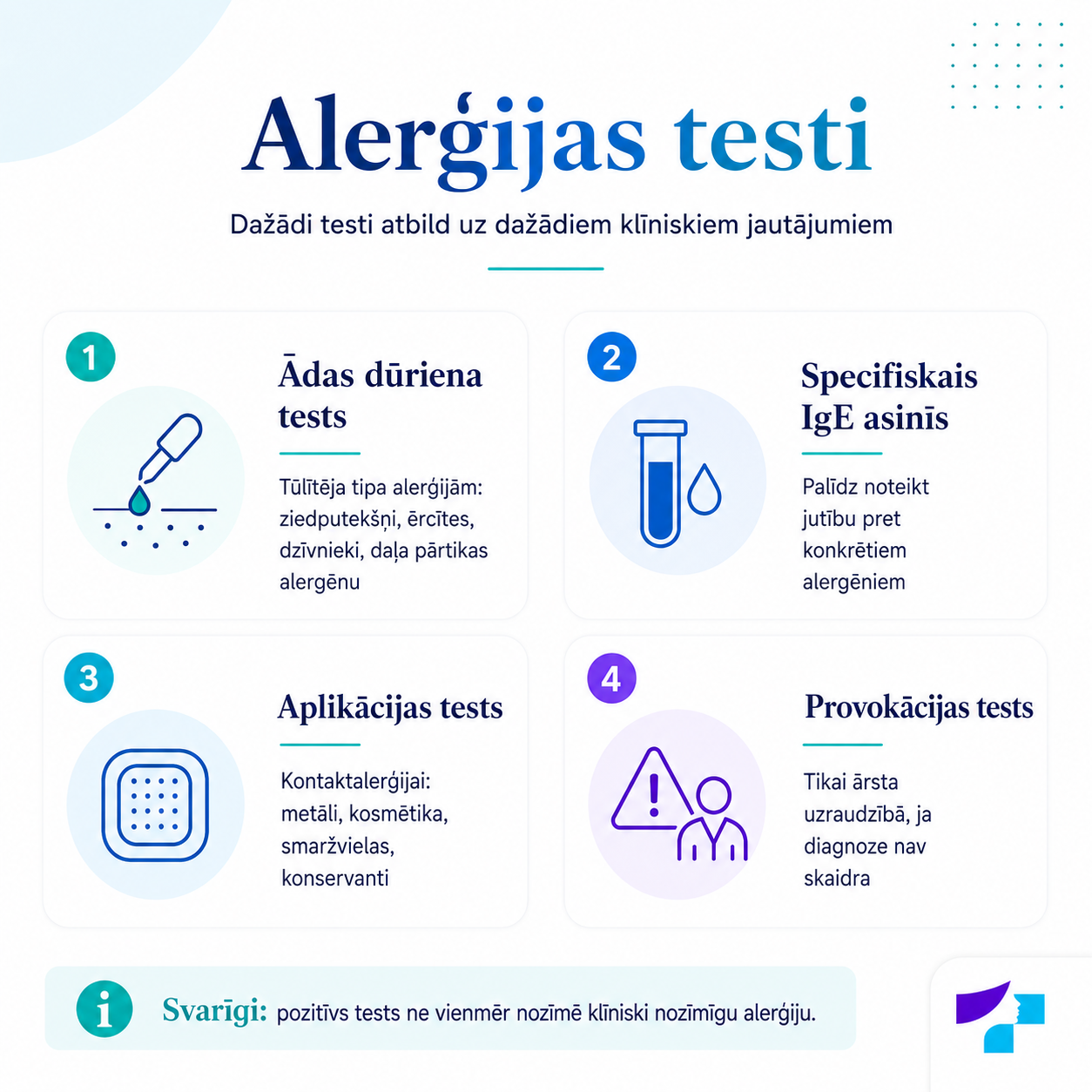 Alerģijas testi: ādas dūriena tests, specifiskais IgE, aplikācijas tests un provokācijas tests ārsta uzraudzībā