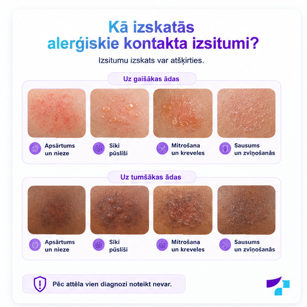 Alerģisko kontakta izsitumu pazīmes uz dažādiem ādas toņiem