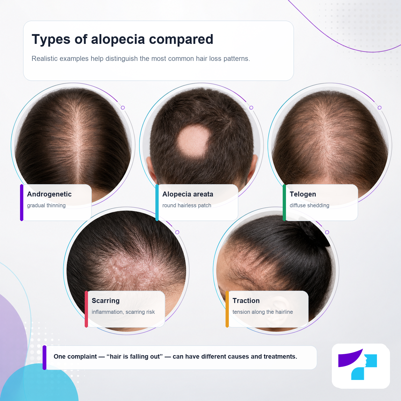 Types of alopecia compared Types of alopecia compared: androgenetic, alopecia areata, telogen, scarring, and traction alopecia