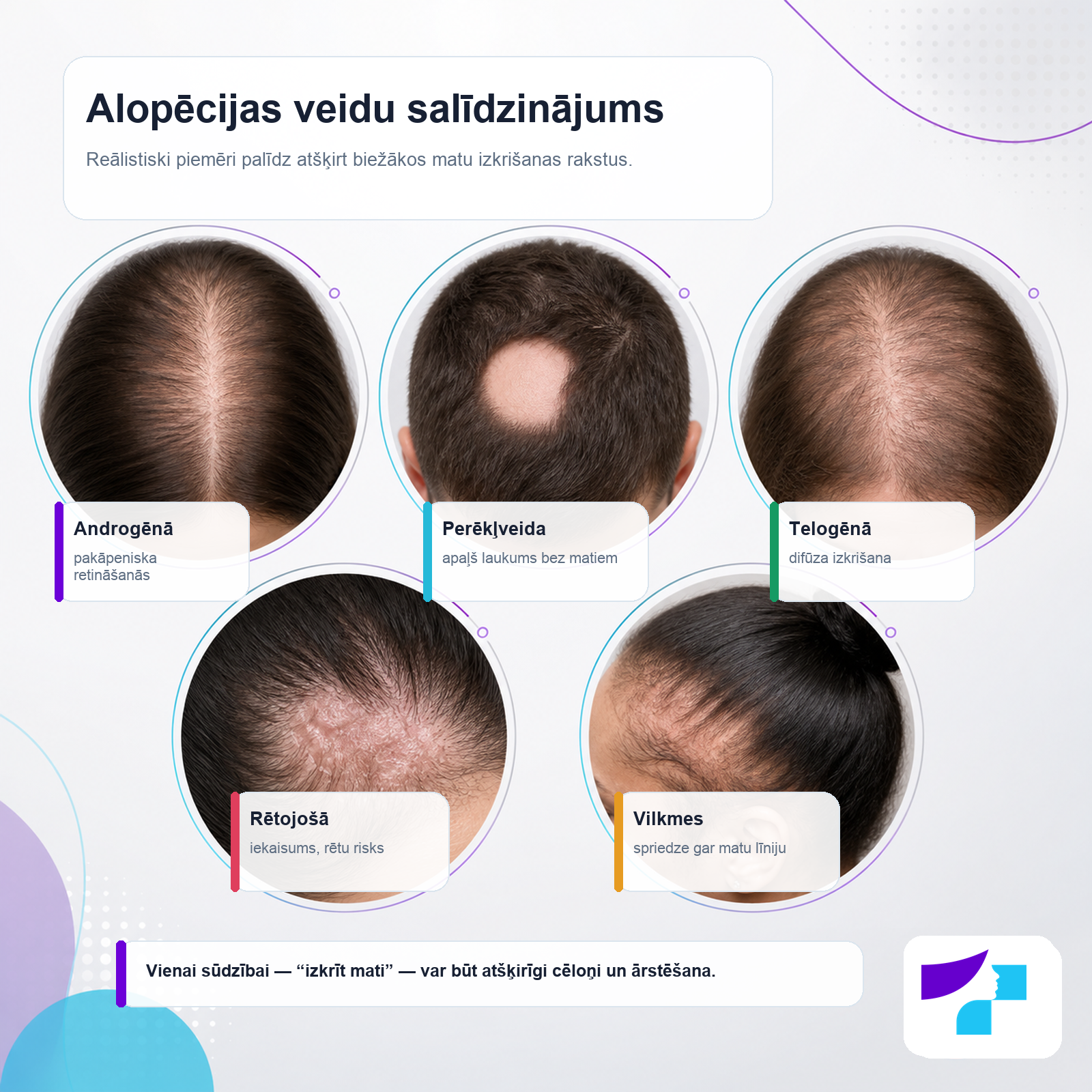 Alopēcijas veidu salīdzinājums Alopēcijas veidu salīdzinājums: androgēnā, perēkļveida, telogēnā, rētojošā un tensijas alopēcija