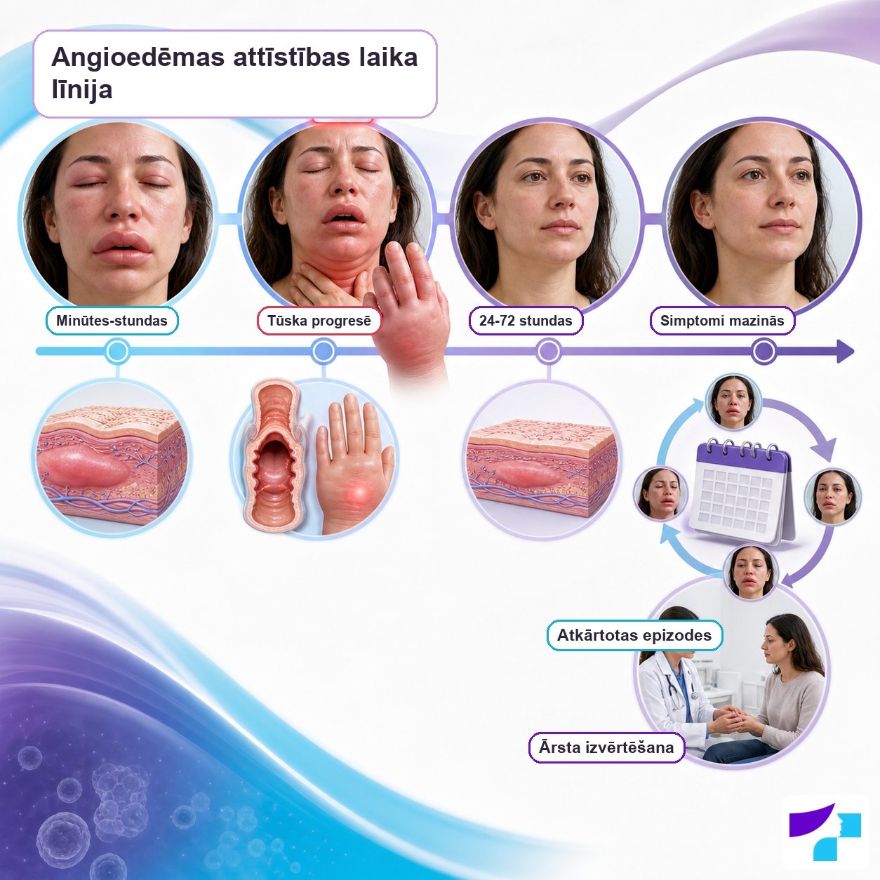 Angioedēmas attīstības laika līnija: minūtes līdz stundas, tūskas progresēšana, 24 līdz 72 stundas, simptomu mazināšanās un atkārtotas epizodes
