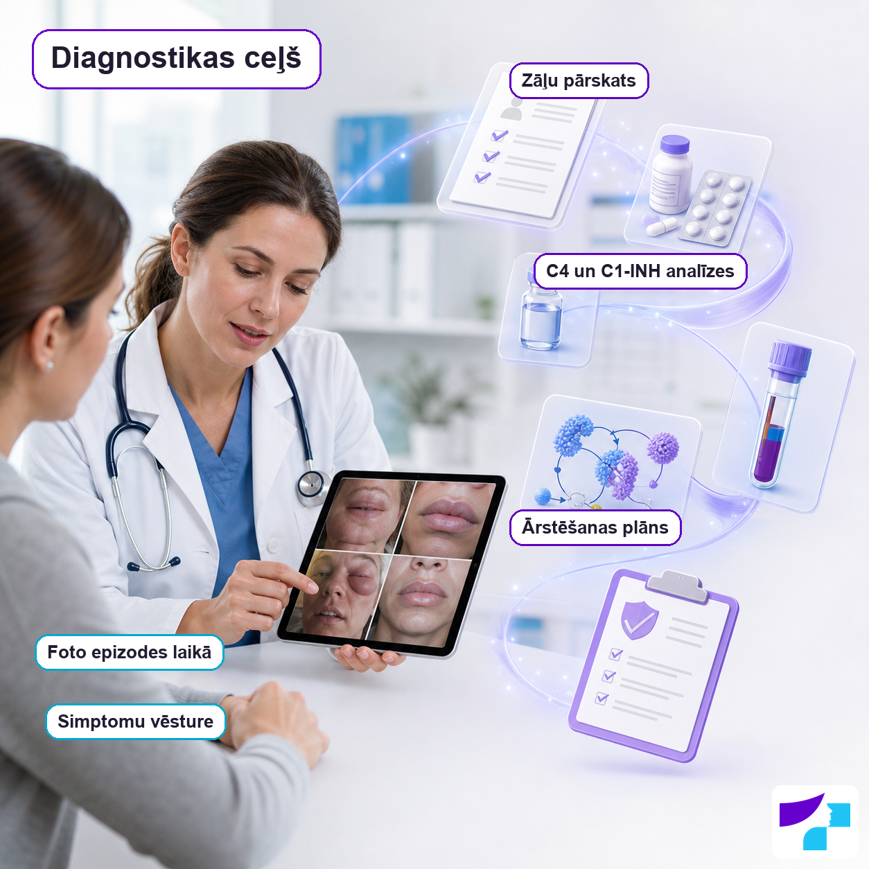 Angioedēmas diagnostikas ceļš: simptomu vēsture, foto epizodes laikā, zāļu pārskats, C4 un C1-INH analīzes un ārstēšanas plāns