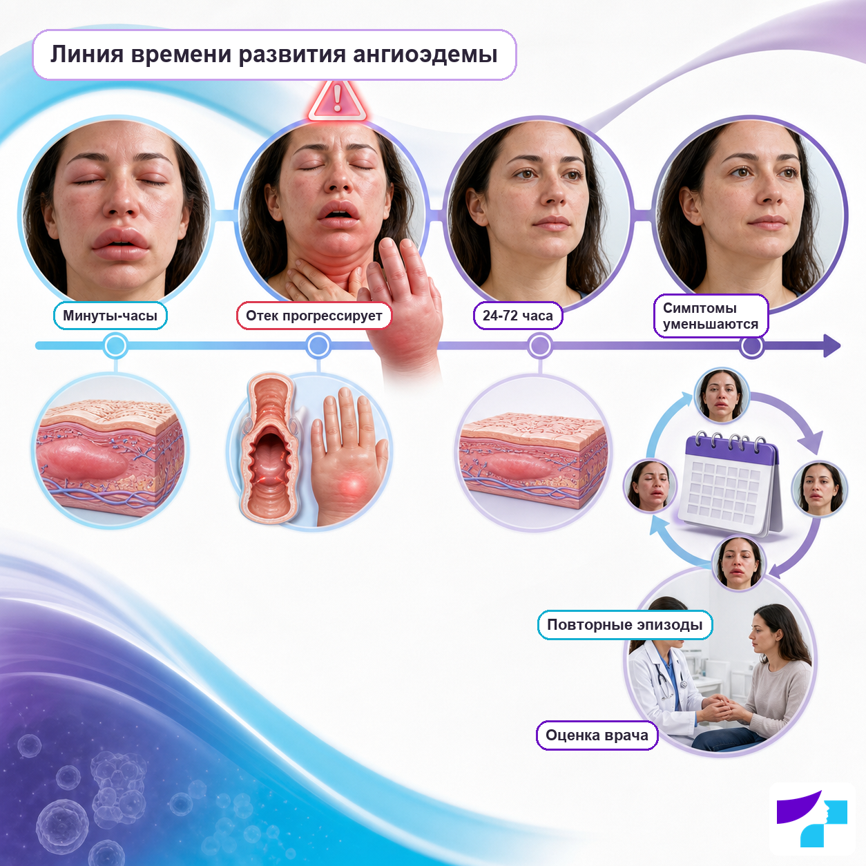 Линия времени развития ангиоэдемы Линия времени развития ангиоэдемы: минуты и часы, прогрессирование отека, 24-72 часа, уменьшение симптомов и повторные эпизоды