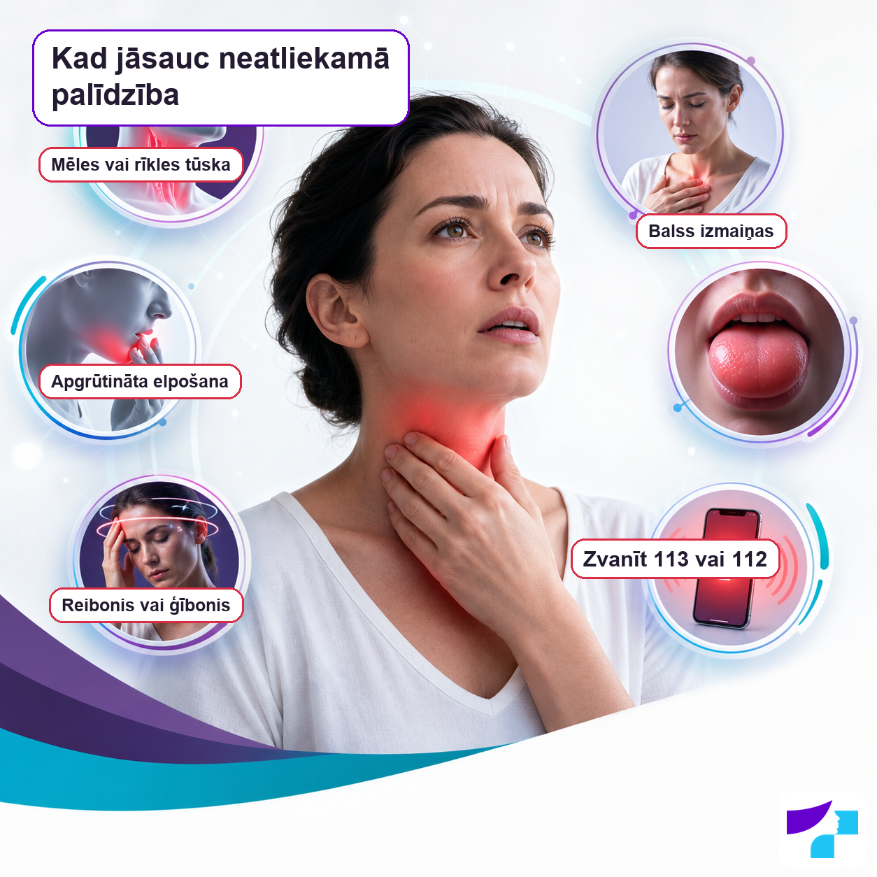 Kad jāsauc neatliekamā palīdzība angioedēmas gadījumā: mēles vai rīkles tūska, apgrūtināta elpošana, balss izmaiņas, reibonis vai ģībonis
