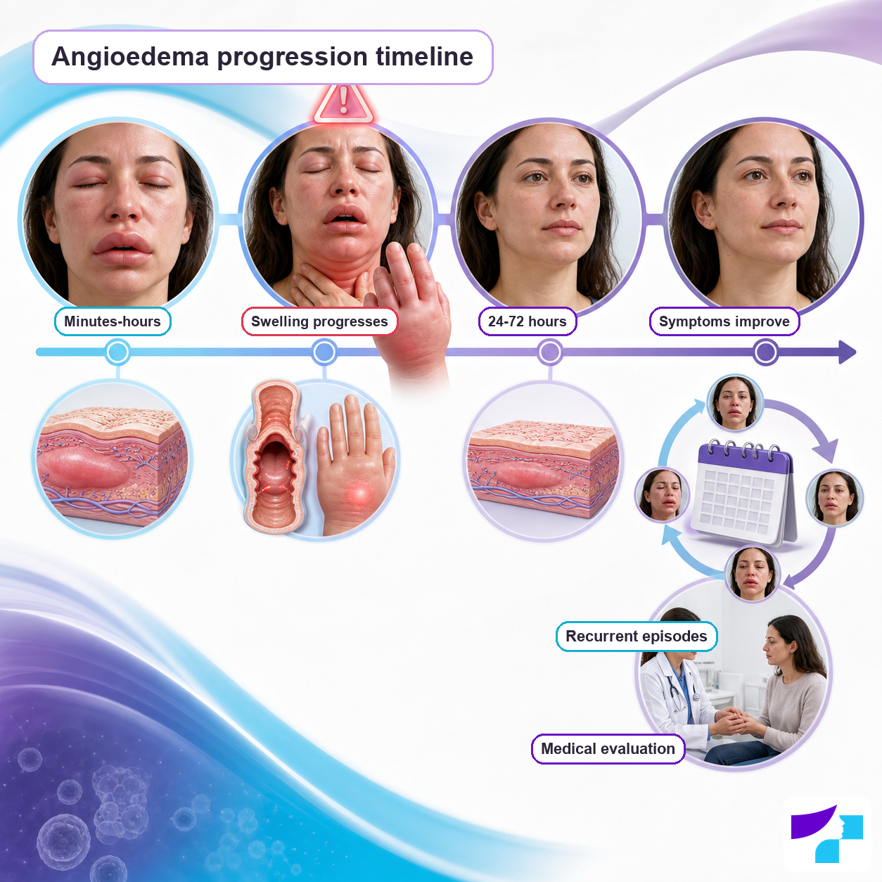 Angioedema progression timeline: minutes to hours, swelling progression, 24 to 72 hours, symptom improvement and recurrent episodes