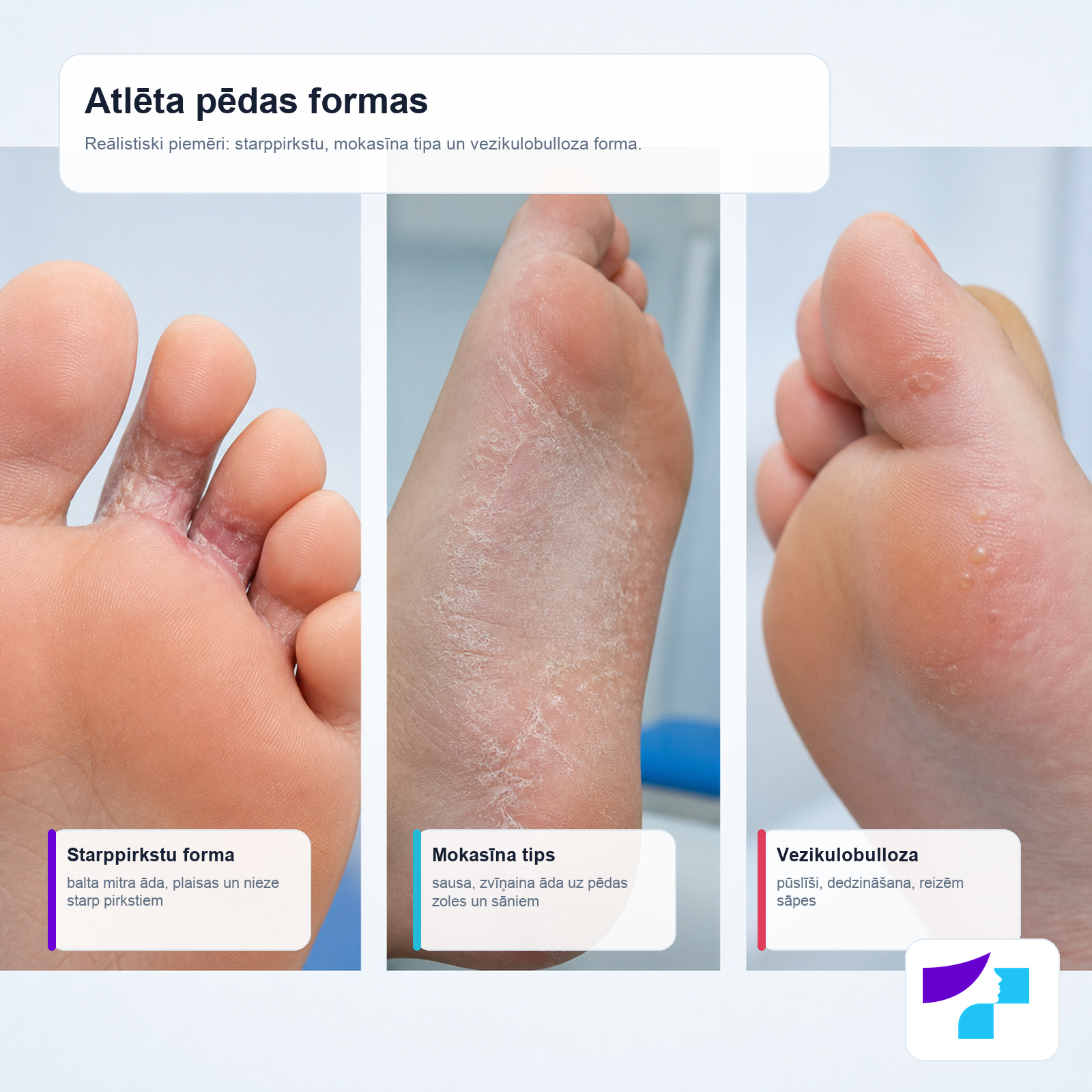 Atlēta pēdas formu salīdzinājums: starppirkstu forma, mokasīna tips un vezikulobulloza forma