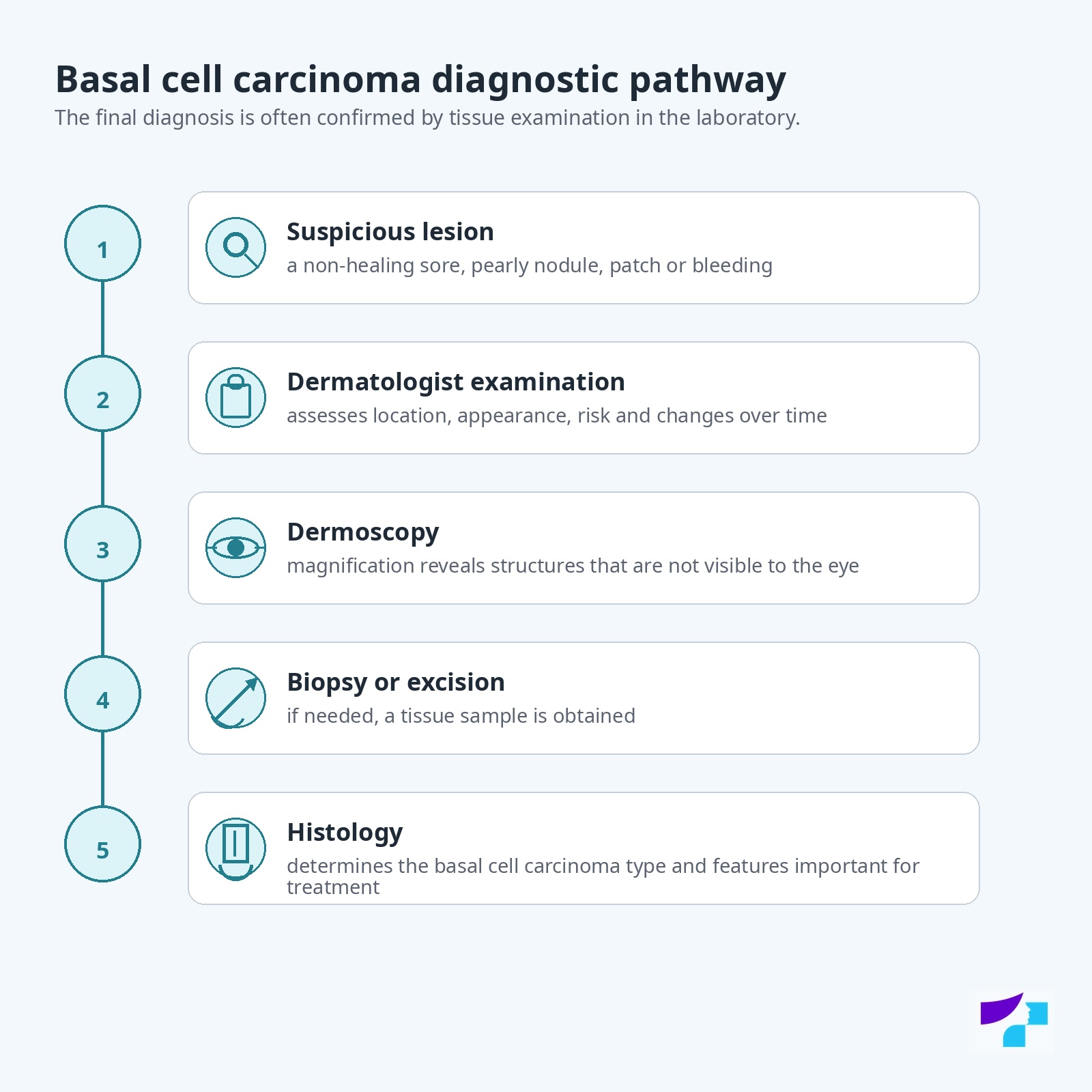 Basal cell carcinoma diagnostic pathway: suspicious lesion, dermatologist examination, dermoscopy, biopsy or excision and histology