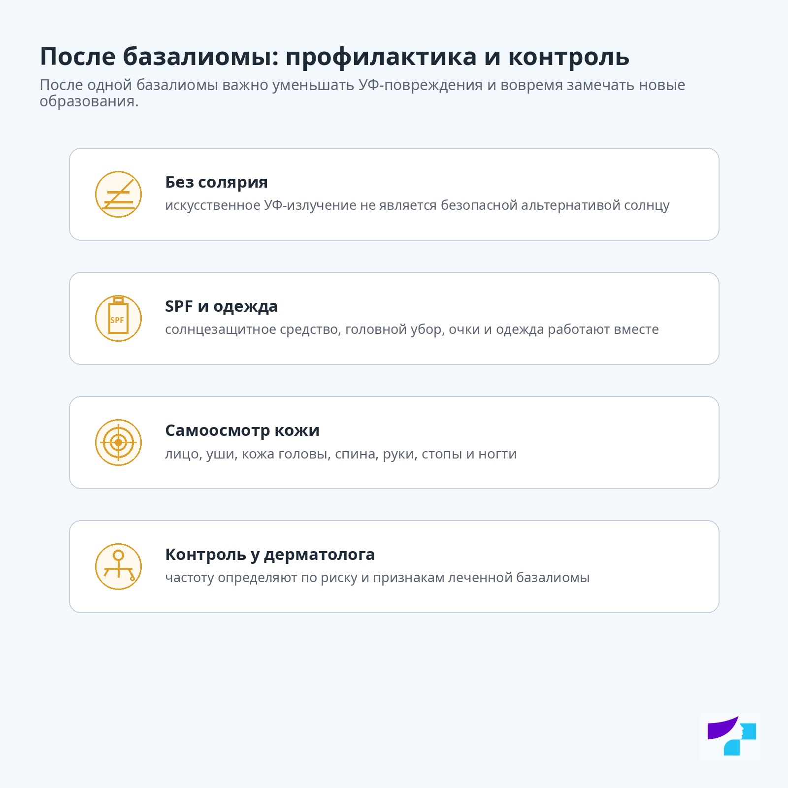 После базалиомы: профилактика и контроль Профилактика и контроль после базалиомы: без солярия, SPF и одежда, самоосмотр кожи и контроль у дерматолога