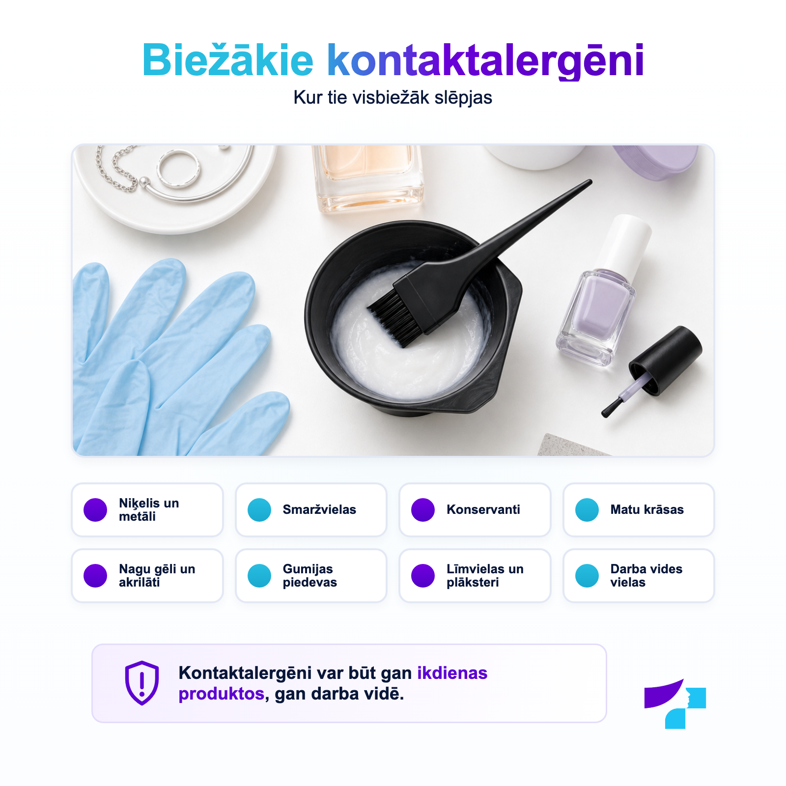 Biežākie kontaktalergēni Biežākie kontaktalergēni: niķelis, smaržvielas, konservanti, matu krāsa, akrilāti, gumija un līmes