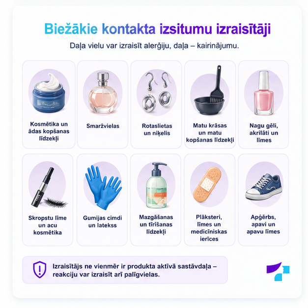 Biežākie kontakta izsitumu izraisītāji: kosmētika, rotaslietas, matu krāsa, nagu gēls, līmes, cimdi, plāksteri un tīrīšanas līdzekļi
