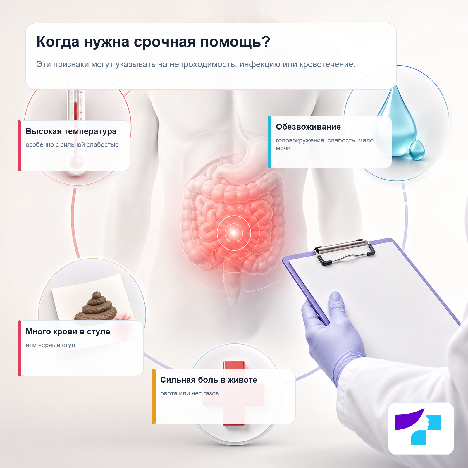Неотложные признаки при болезни Крона: сильная боль в животе, высокая температура, обезвоживание и много крови в стуле