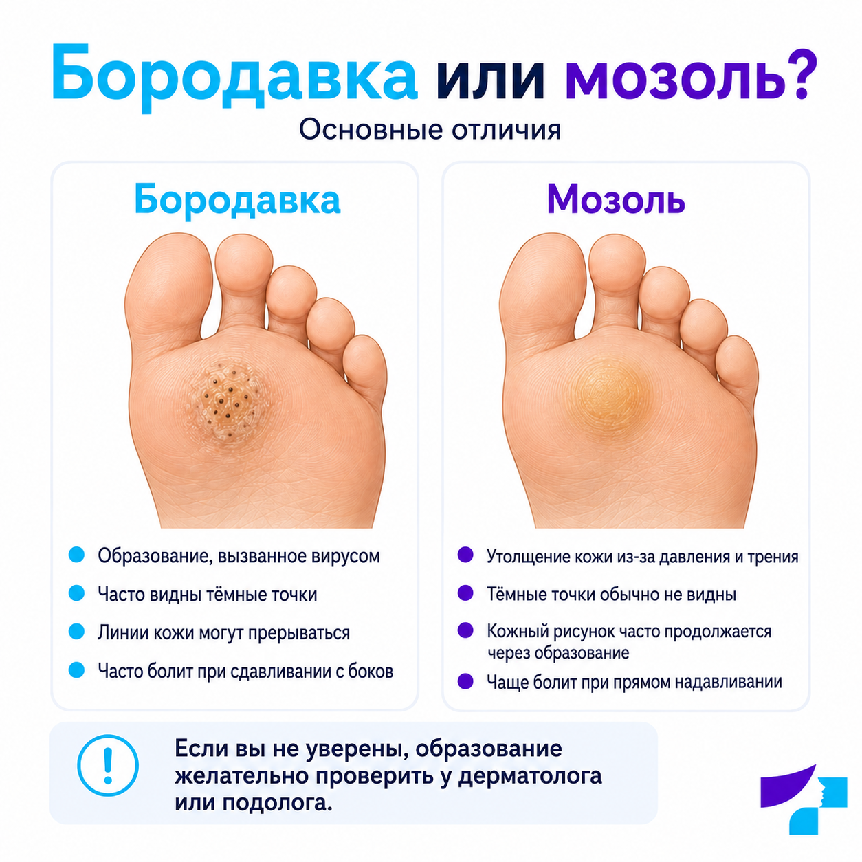 Бородавка или мозоль Бородавка или мозоль: основные отличия, тёмные точки, рисунок кожных линий и характер боли