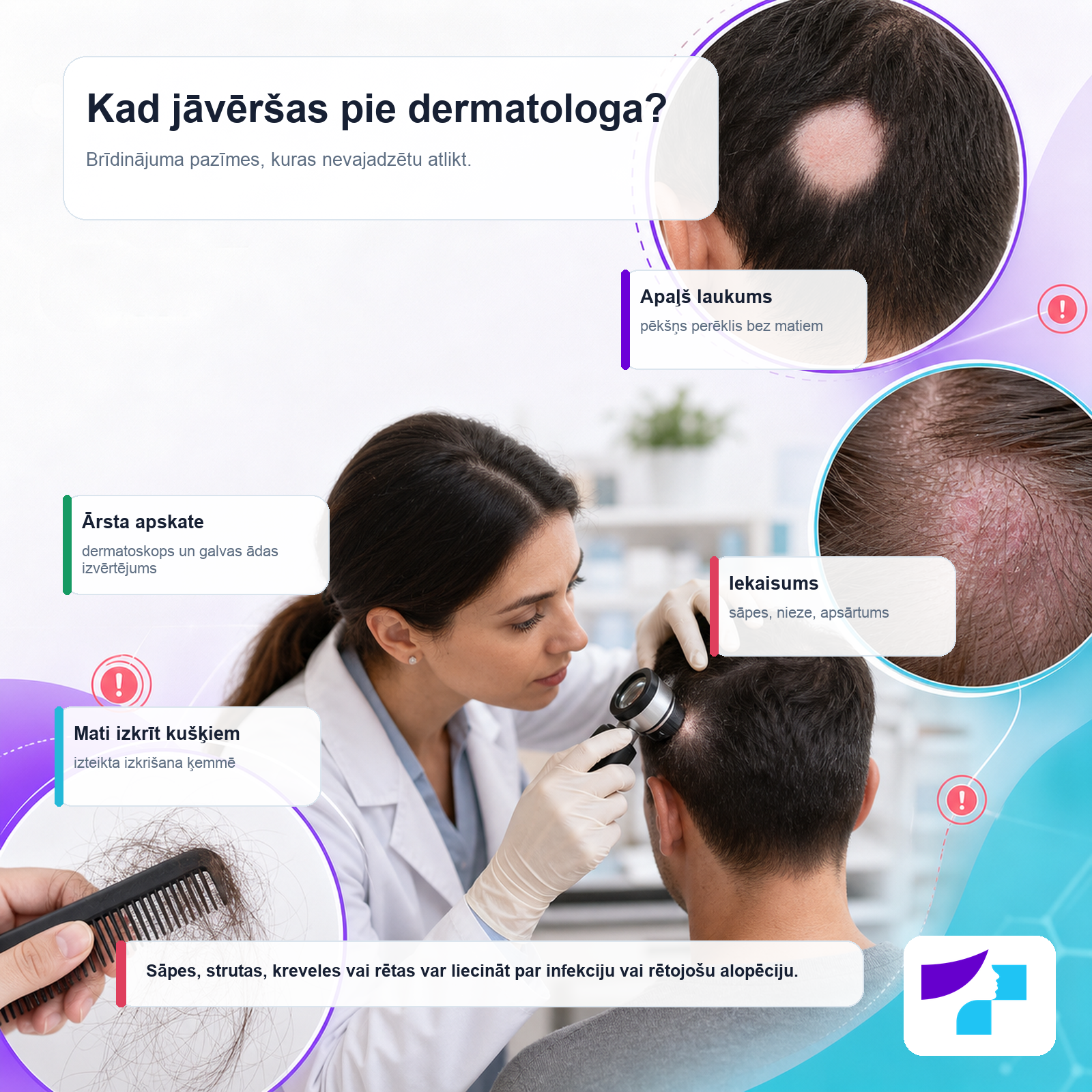 Brīdinājuma pazīmes, kad jāvēršas pie dermatologa Brīdinājuma pazīmes alopēcijas gadījumā: pēkšņi laukumi bez matiem, iekaisums, matu izkrišana kušķiem un ārsta apskate