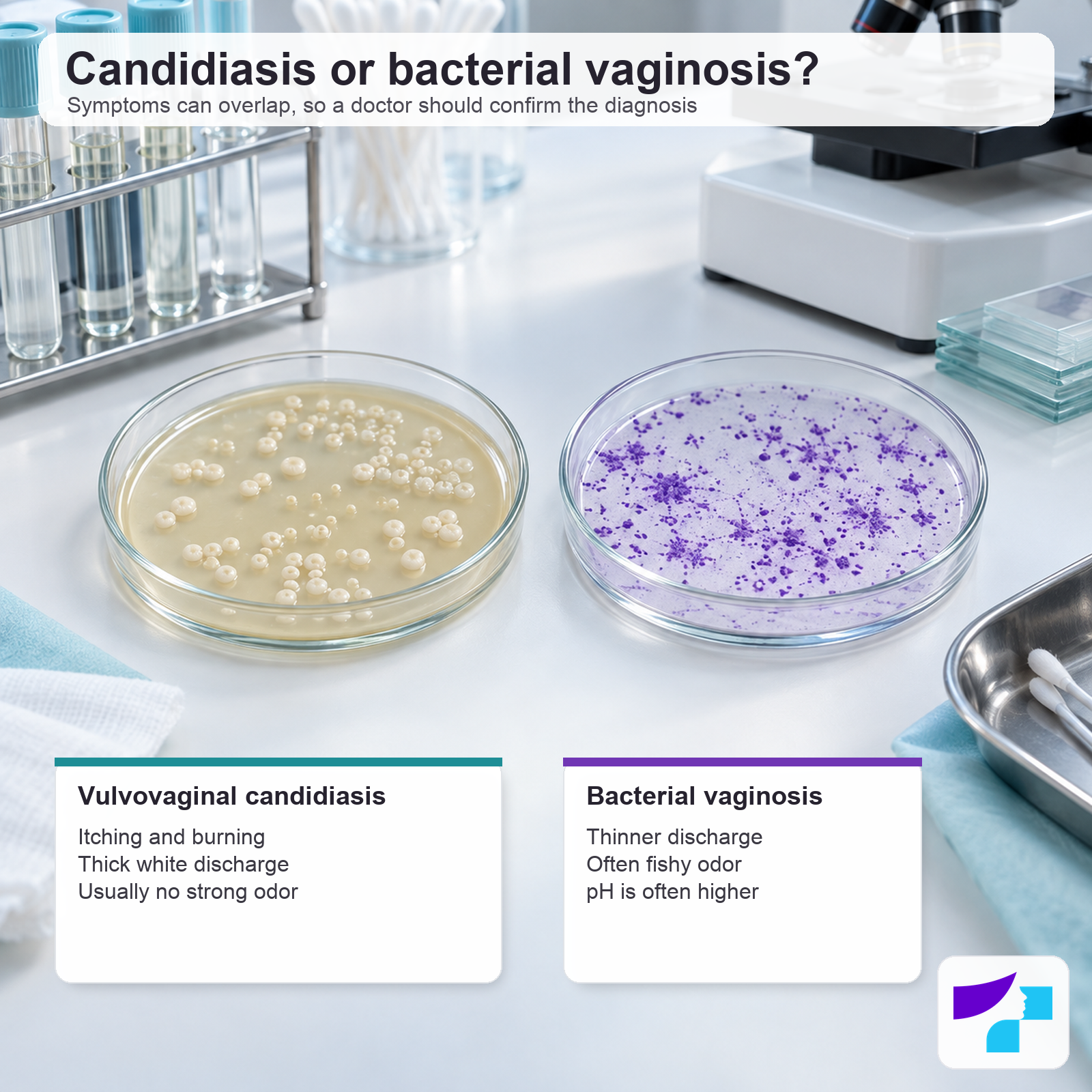 Vulvovaginal candidiasis or bacterial vaginosis Vulvovaginal candidiasis or bacterial vaginosis: common differences in symptoms, discharge, odour and vaginal pH