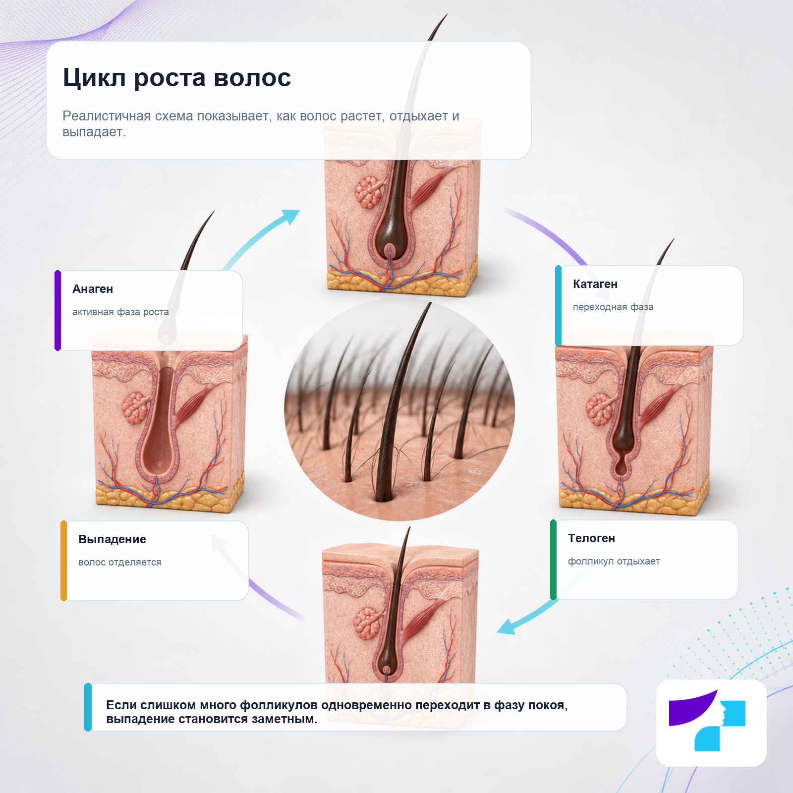 Цикл роста волос Цикл роста волос: анагеновая, катагеновая, телогеновая фаза и фаза выпадения