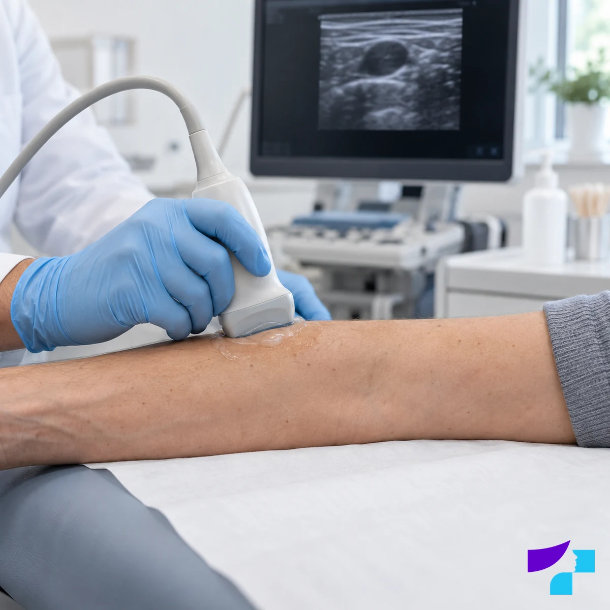 A doctor performs an ultrasound examination of a subcutaneous lump and assesses a possible cyst on the screen
