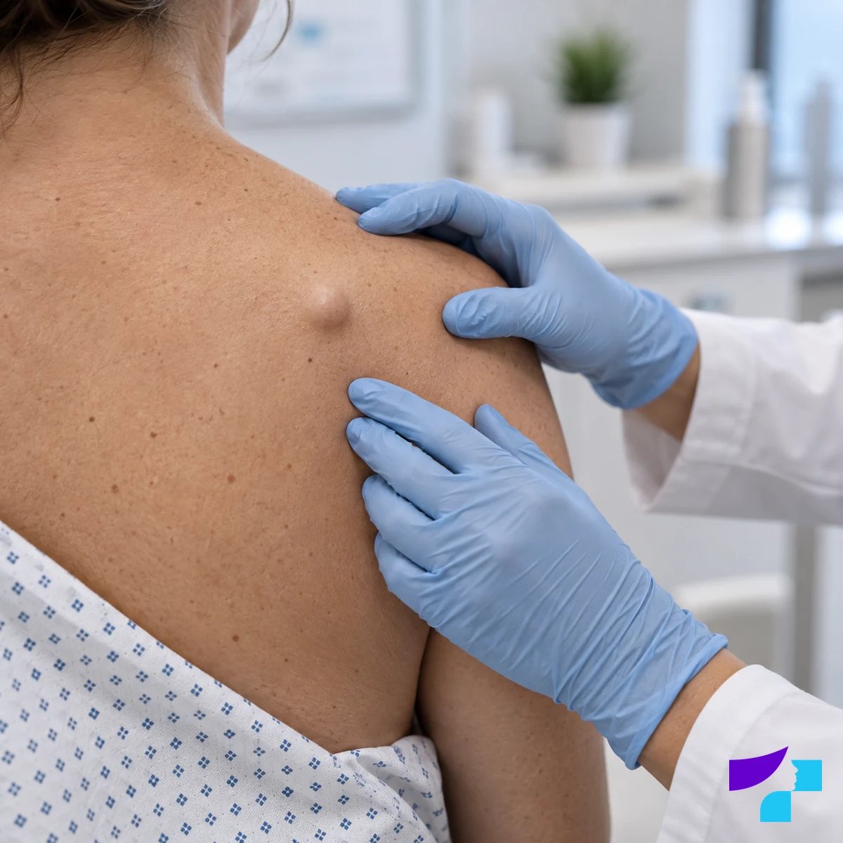 A doctor examines a lump on a patient's shoulder to assess a possible skin cyst
