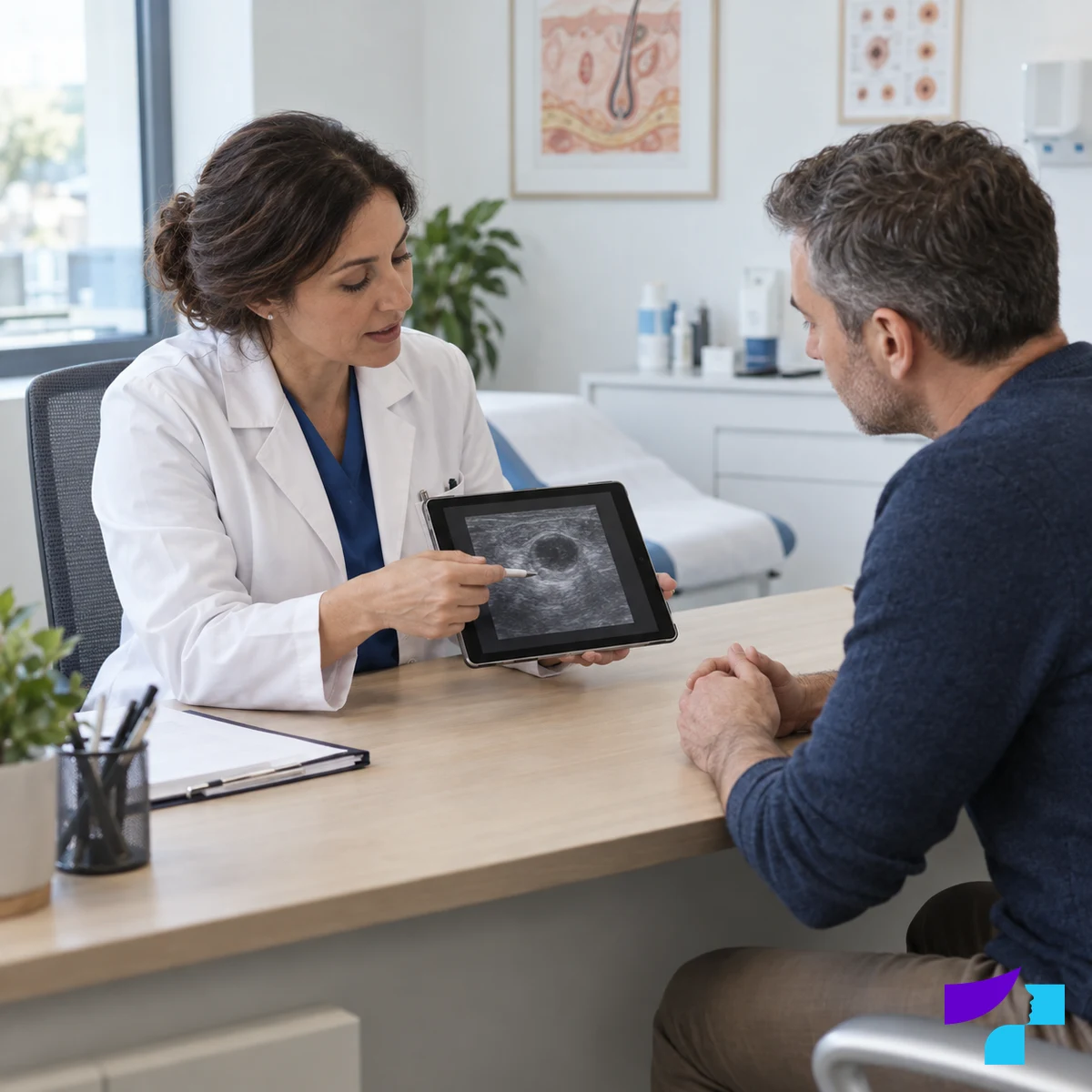 A doctor explains a cyst ultrasound image and treatment options to a patient during a consultation