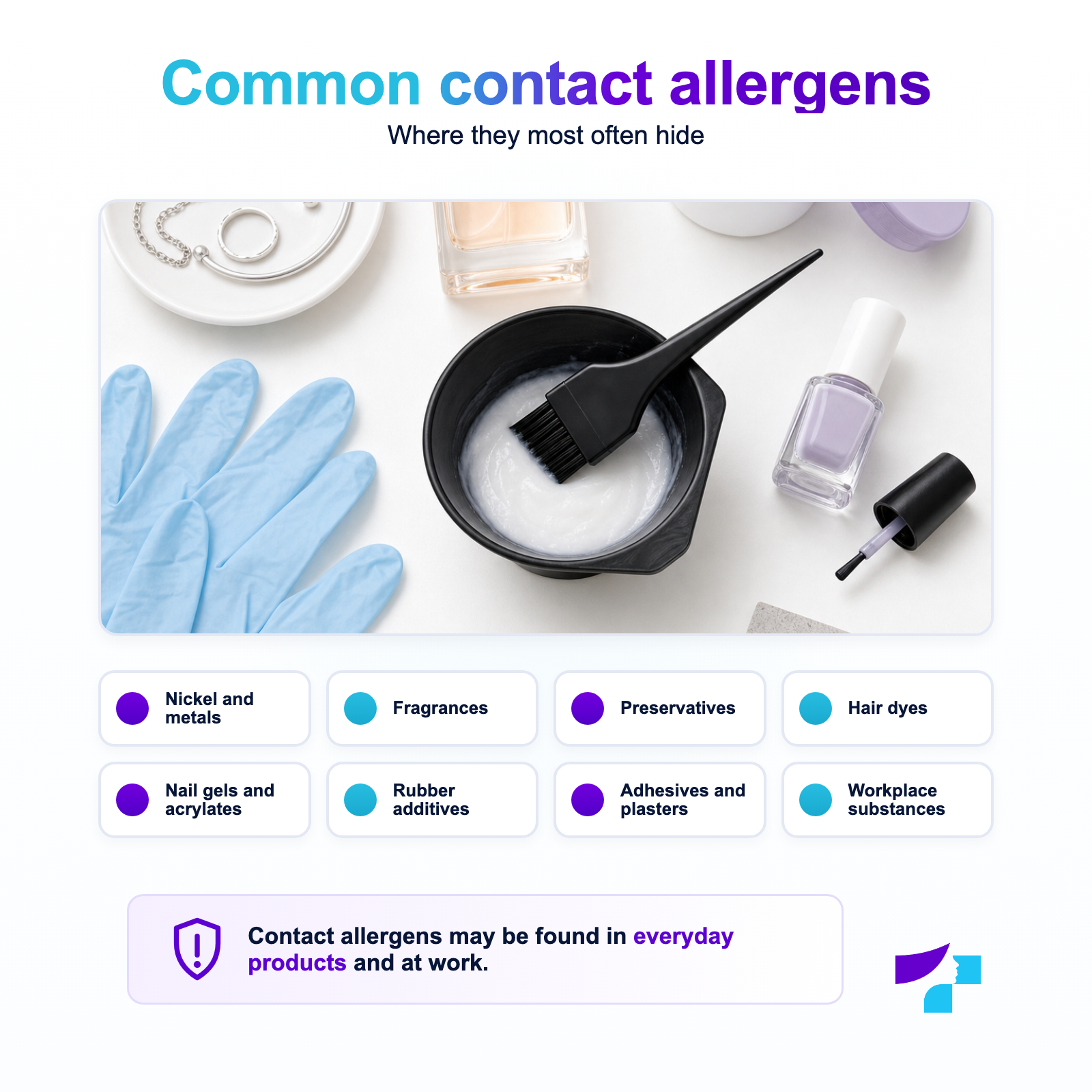Common contact allergens: nickel, fragrances, preservatives, hair dye, acrylates, rubber and adhesives