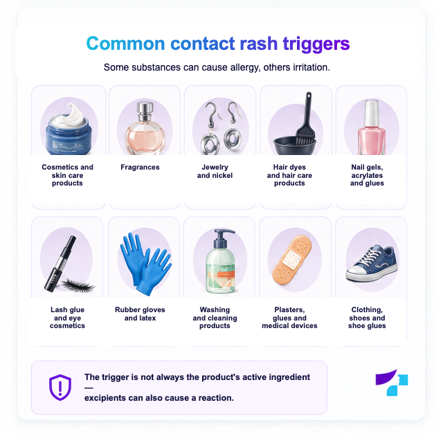Common contact rash triggers Common contact rash triggers: cosmetics, jewellery, hair dye, gel nails, adhesives, gloves, plasters and cleaning products