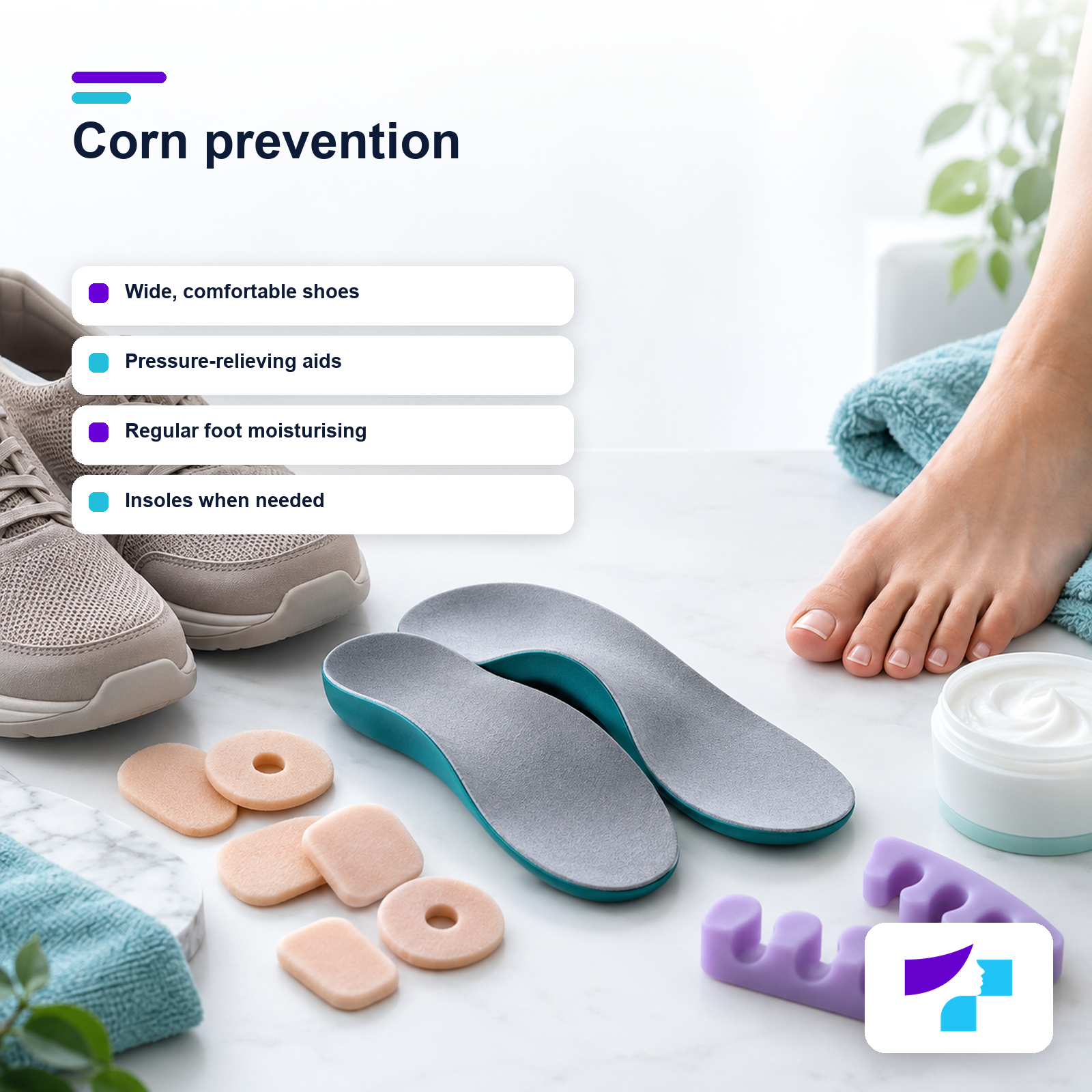 Foot care, suitable shoes, pressure relief aids and insoles for corn prevention