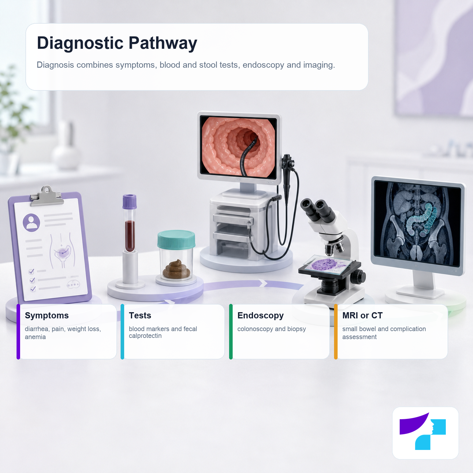 Crohn’s disease diagnostic pathway: symptoms, blood and stool tests, endoscopy, biopsy, MRI or CT imaging