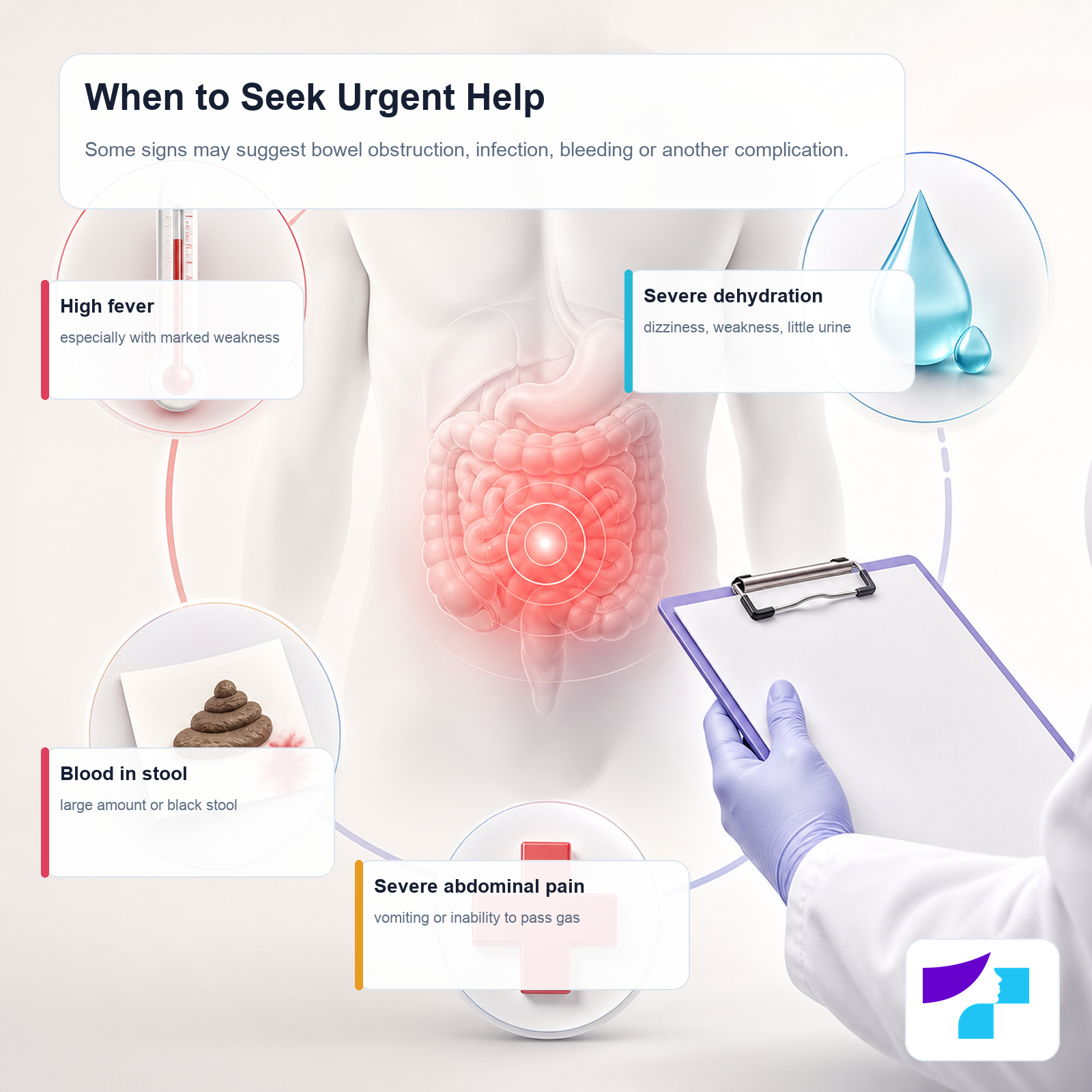 Urgent warning signs in Crohn’s disease: severe abdominal pain, high fever, severe dehydration and a large amount of blood in the stool