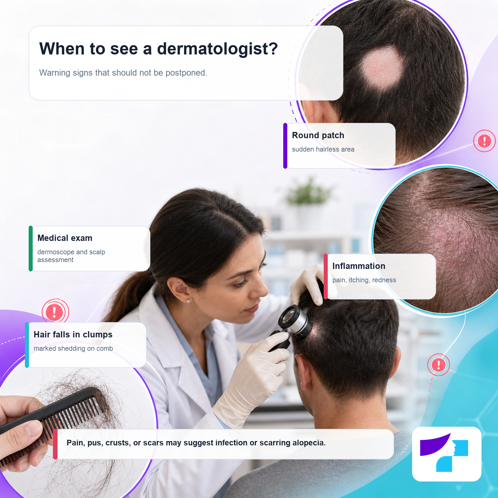 Warning signs when to see a dermatologist Warning signs in alopecia: sudden bald patches, inflammation, hair falling out in clumps, and medical examination