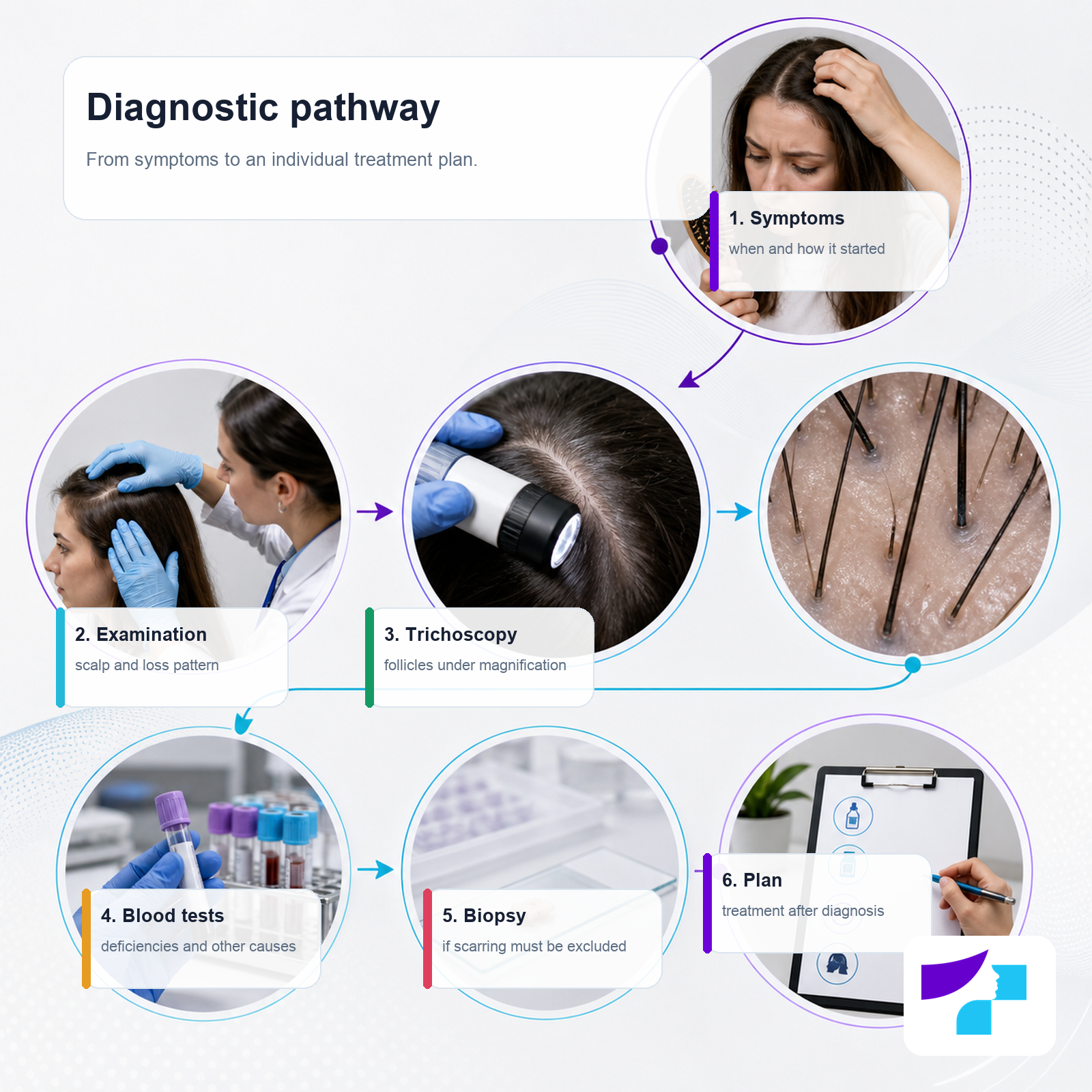 Alopecia diagnostic pathway Alopecia diagnostic pathway: symptoms, examination, trichoscopy, blood tests, biopsy, and treatment plan