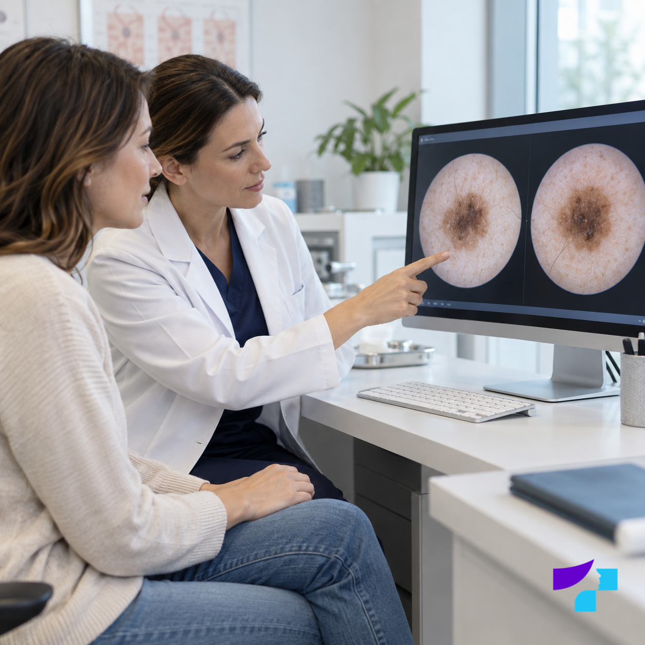 A dermatologist and patient compare dermoscopic images of a skin lesion on a monitor