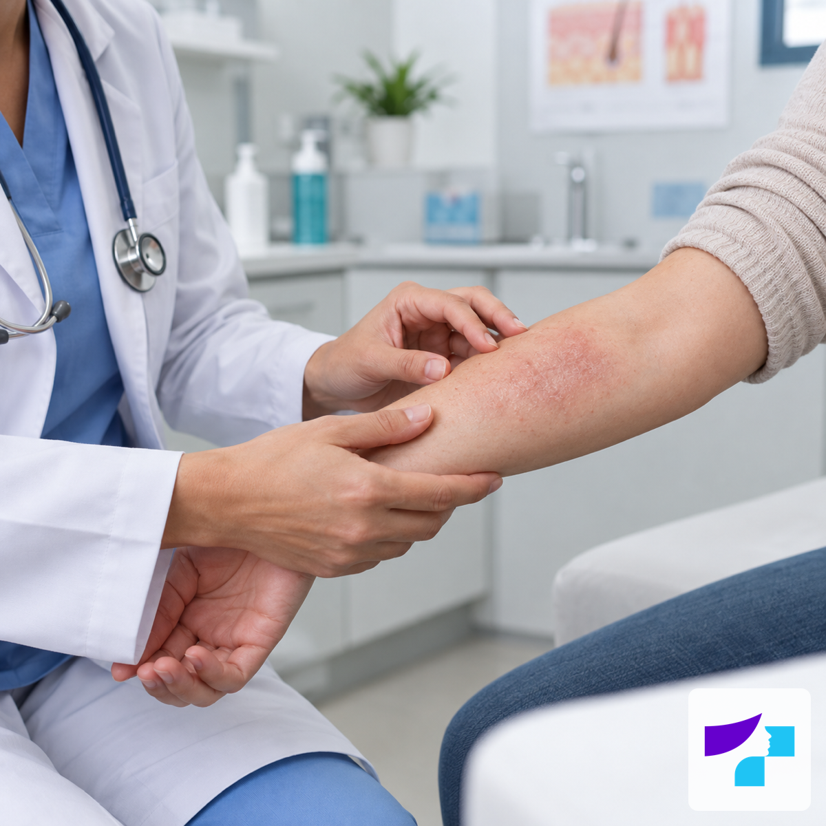 Dermatologs konsultācijas laikā apskata pacienta apakšdelma ādu ar ekzēmas pazīmēm