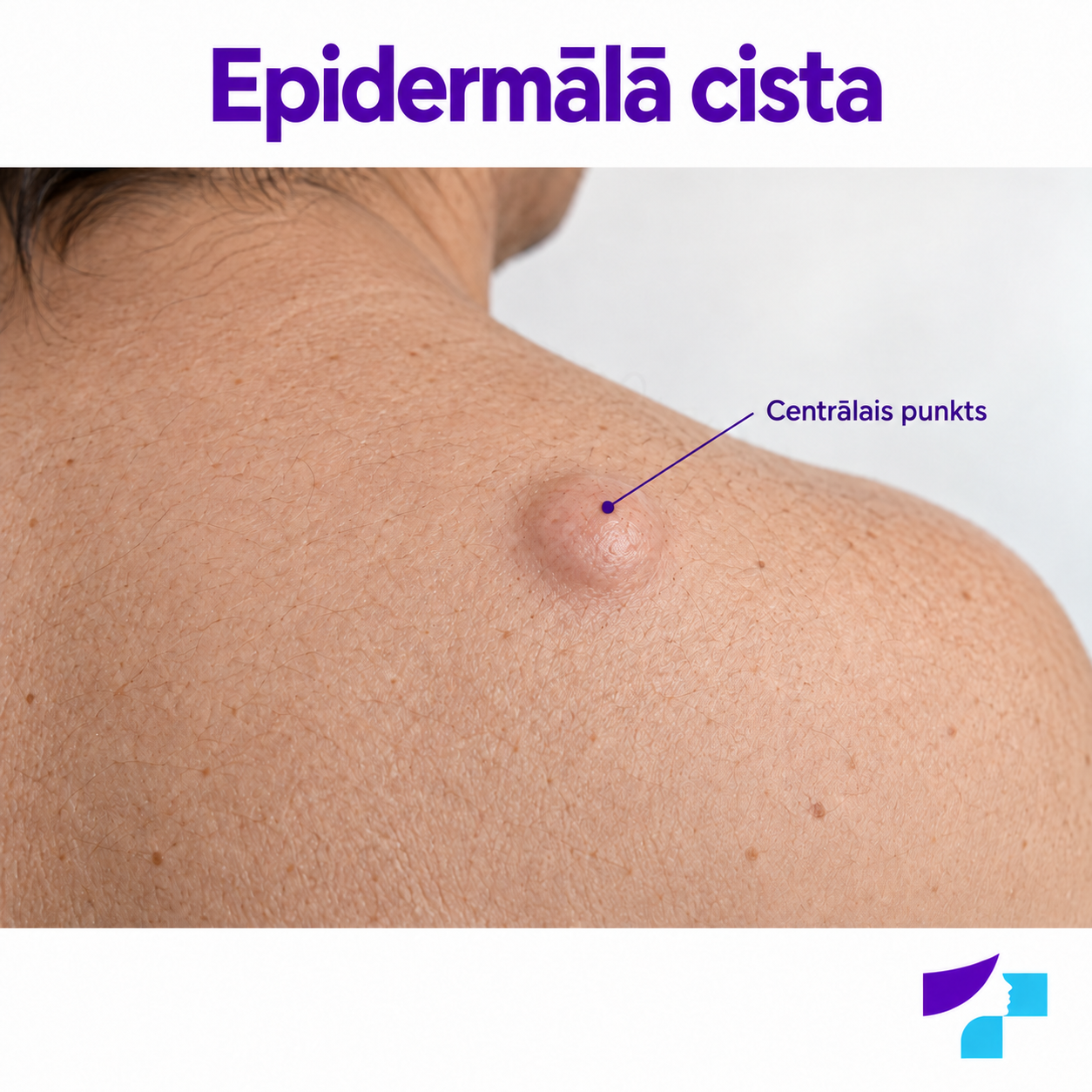 Epidermālā cista Epidermālā cista uz ādas: kupolveida mezgliņš ar centrālo punktu