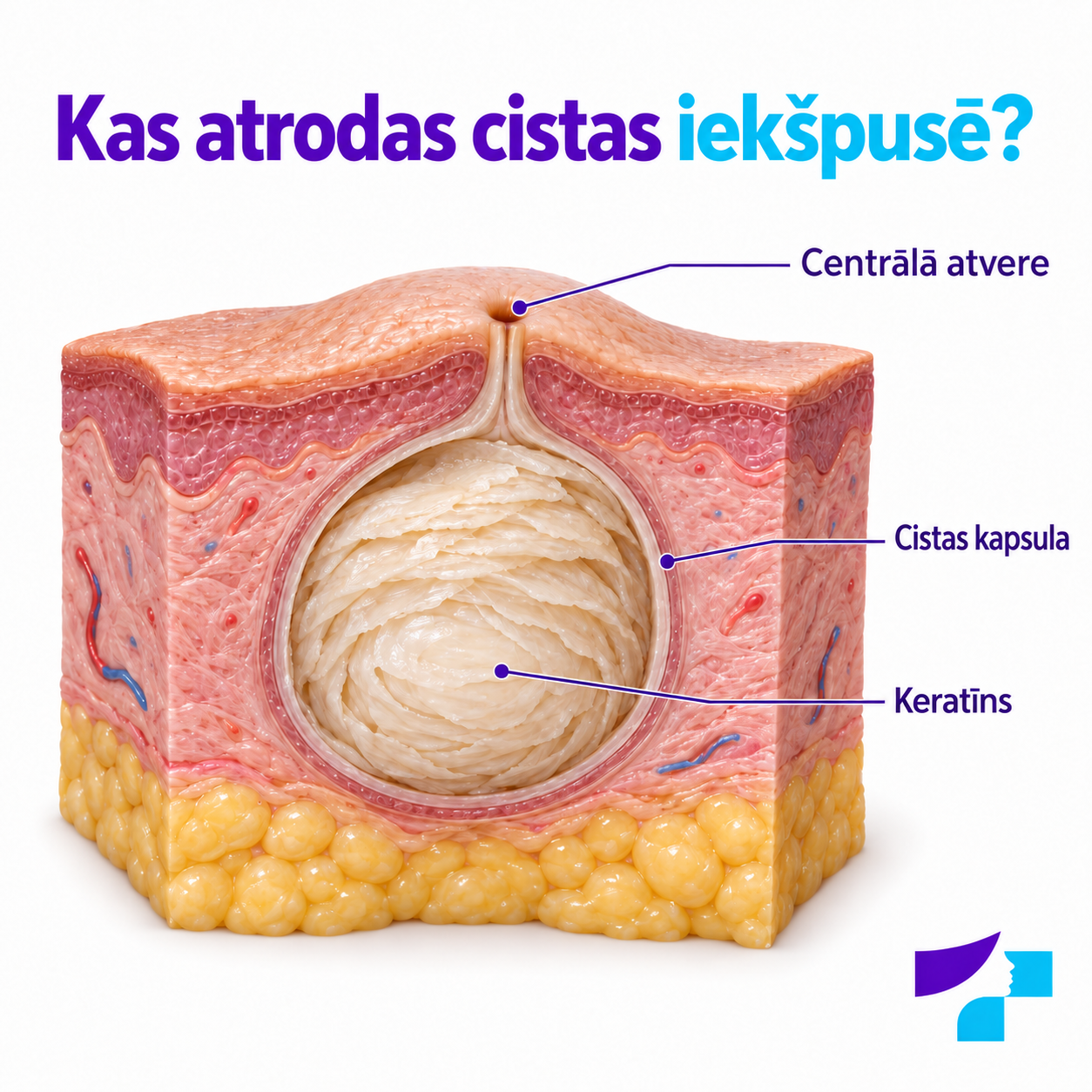 Epidermālās cistas uzbūve Epidermālās cistas šķērsgriezums: centrālā atvere, cistas kapsula un keratīns