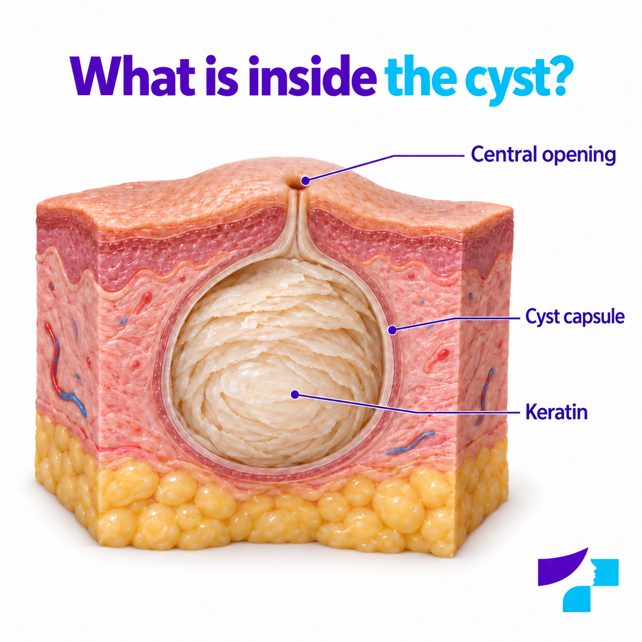 Cross-section of an epidermoid cyst showing the central opening, cyst capsule and keratin