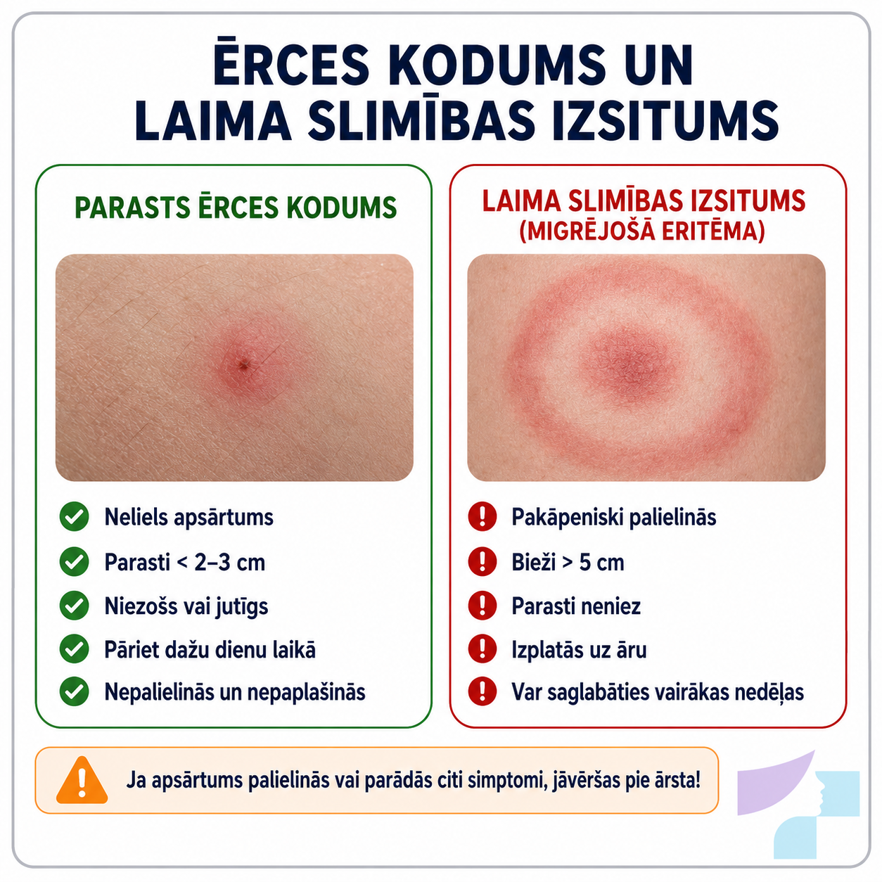 Ērces koduma apsārtuma un Laima slimības izsituma salīdzinājums