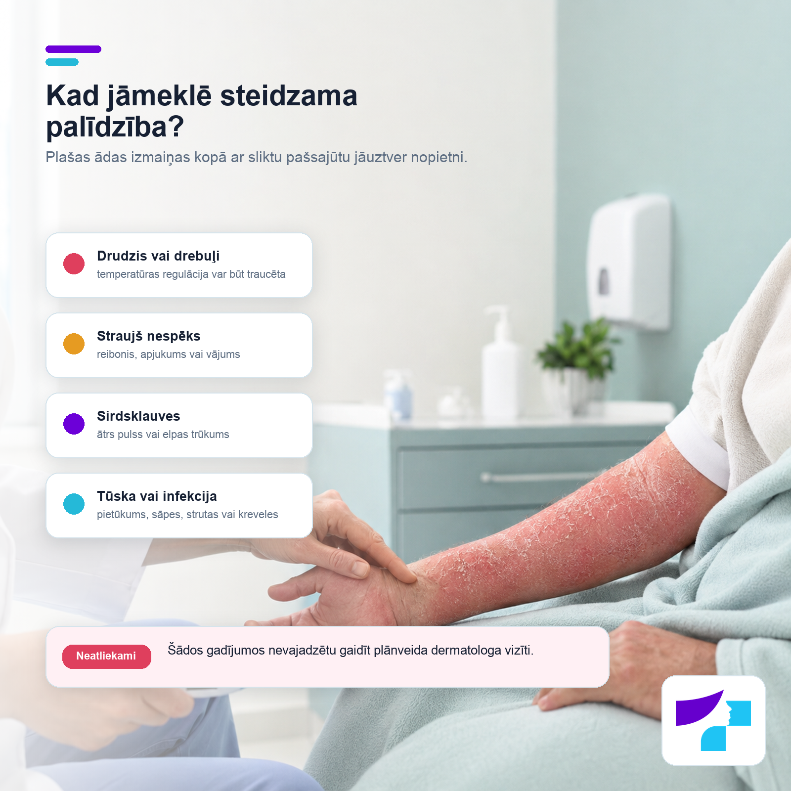 Kad eritrodermiskās psoriāzes gadījumā jāmeklē steidzama palīdzība Eritrodermiskā psoriāze: drudzis, drebuļi, nespēks, sirdsklauves, tūska vai infekcijas pazīmes kā steidzamas palīdzības iemesli