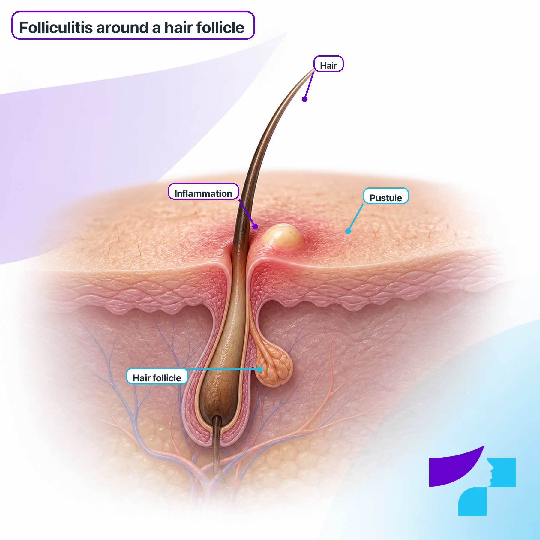 Folliculitis Around a Hair Follicle Folliculitis around a hair follicle: hair shaft, inflamed follicle, redness and pustule