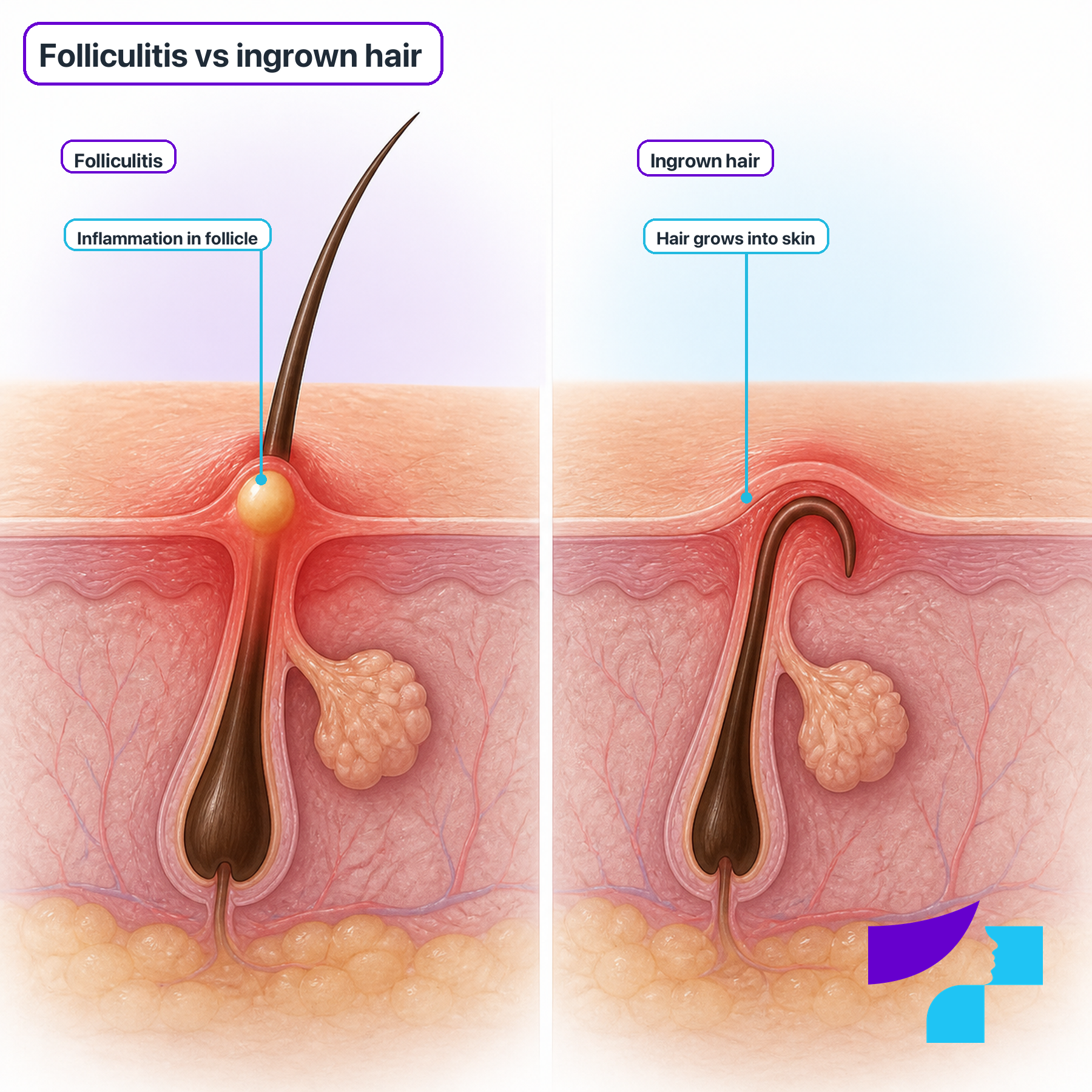 Folliculitis vs Ingrown Hair Folliculitis versus ingrown hair: follicle inflammation compared with a hair growing back into the skin