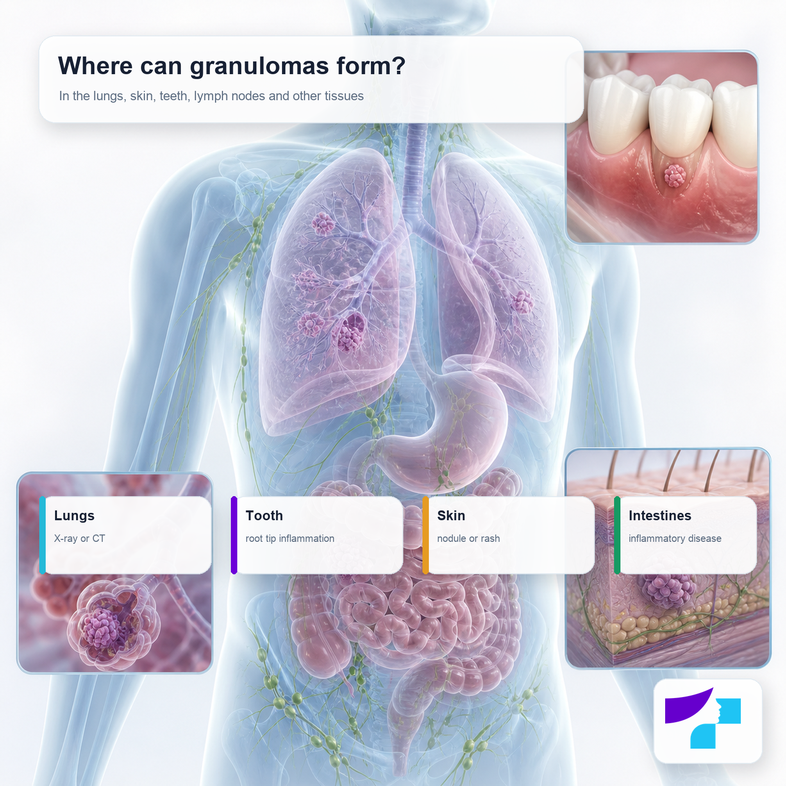 Where granulomas can form in the body Common locations of granulomas in the body, including the lungs, skin, teeth, lymph nodes, intestines and other tissues