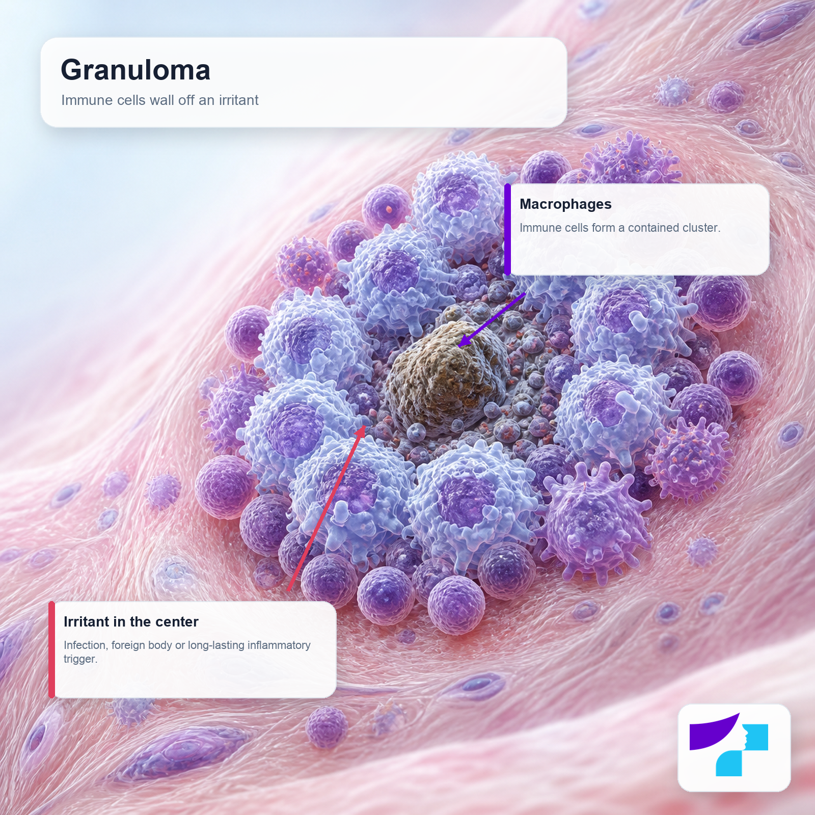 Granuloma as an immune cell cluster Granuloma as a cluster of immune cells surrounding an infection, foreign body or long-lasting irritant