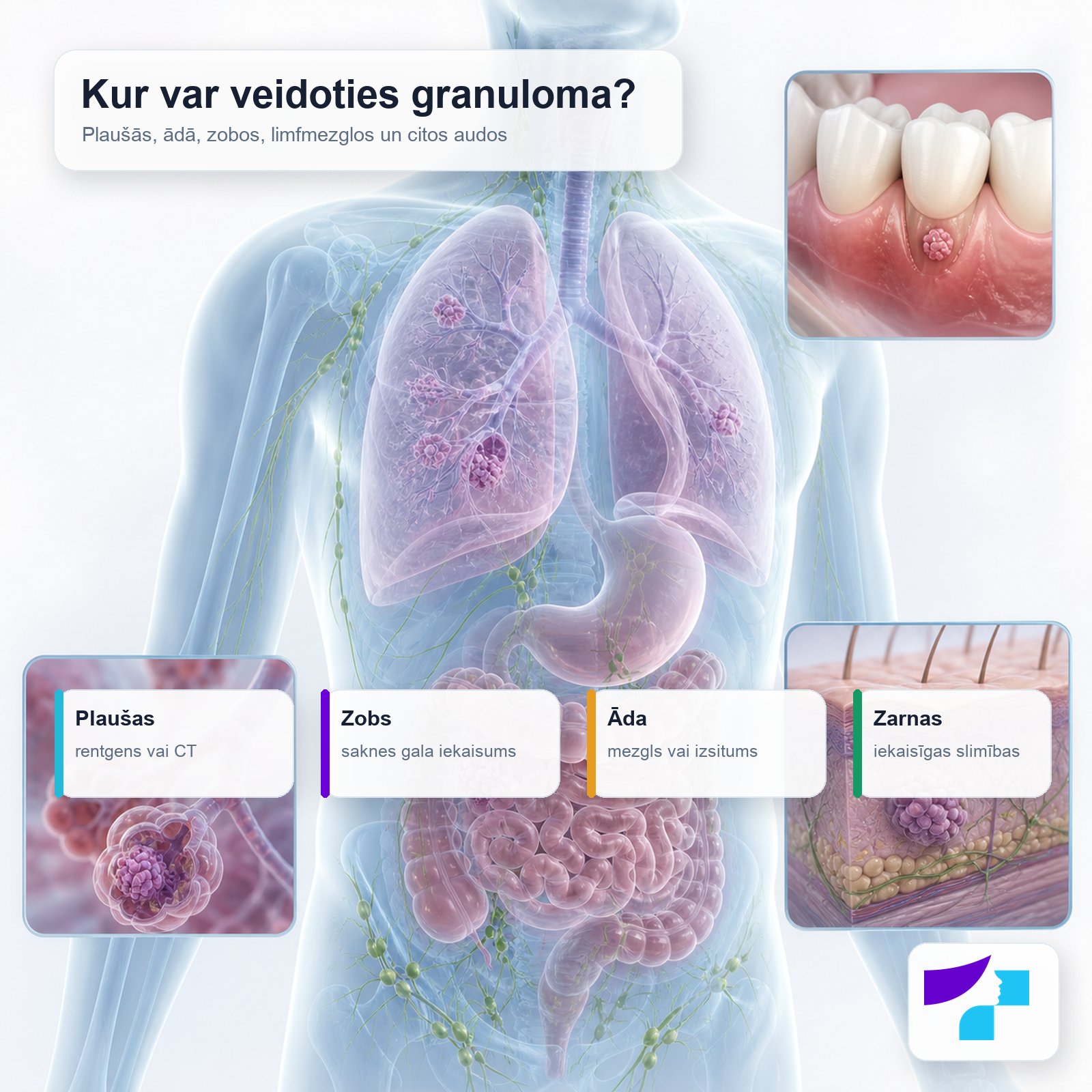 Kur organismā var veidoties granuloma Granulomas biežākās atrašanās vietas organismā: plaušas, āda, zobi, limfmezgli, zarnas un citi audi