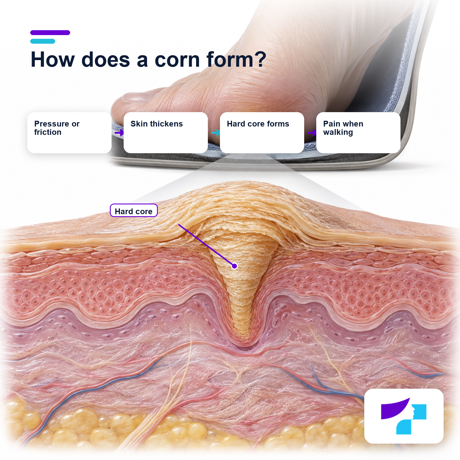 How a hard thickened area of skin forms on the foot because of pressure and friction