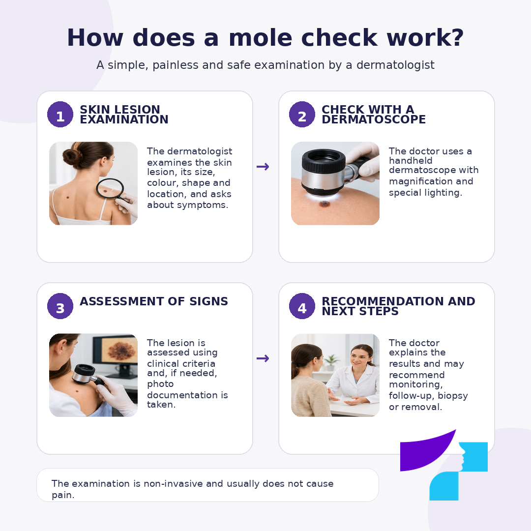 How does a mole check work How does a mole check work: skin lesion examination, check with a dermatoscope, assessment of signs, recommendation and next steps