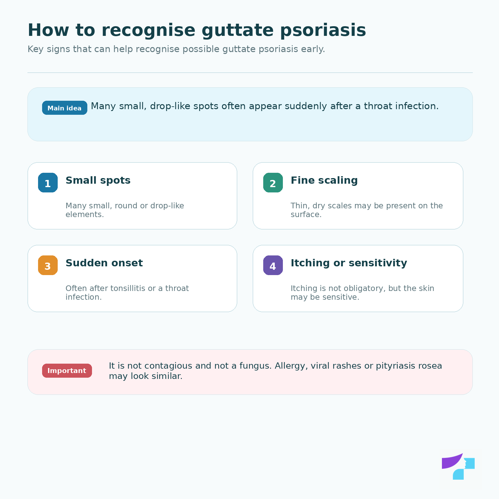 How to recognise guttate psoriasis: small spots, fine scaling, sudden onset, itching or skin sensitivity